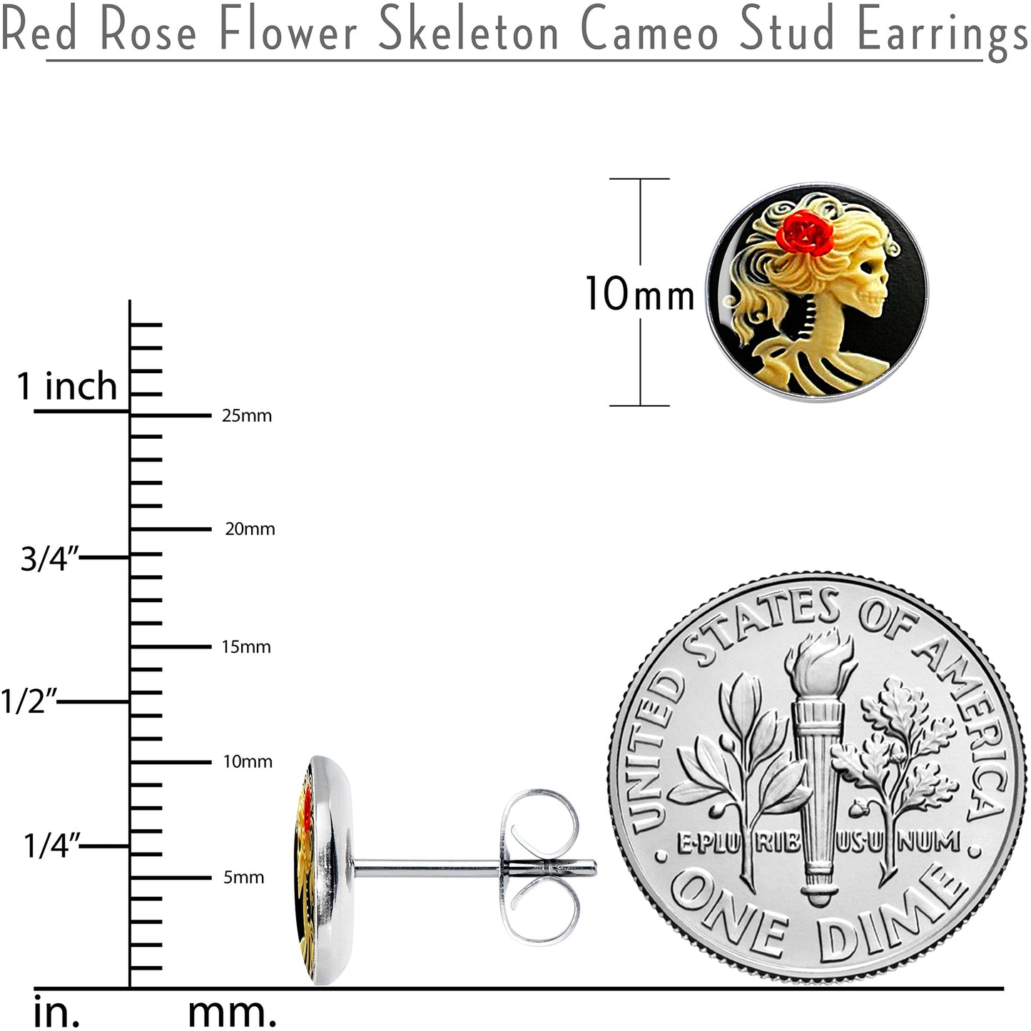 Red Rose Flower Skeleton Cameo Stud Earrings