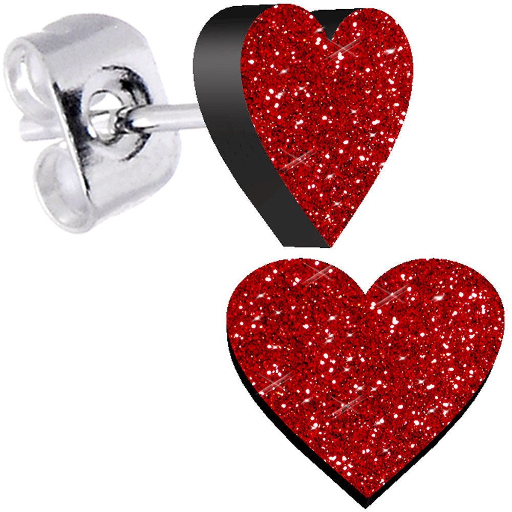 Glitter Heart Stud Earrings - Hypoallergenic