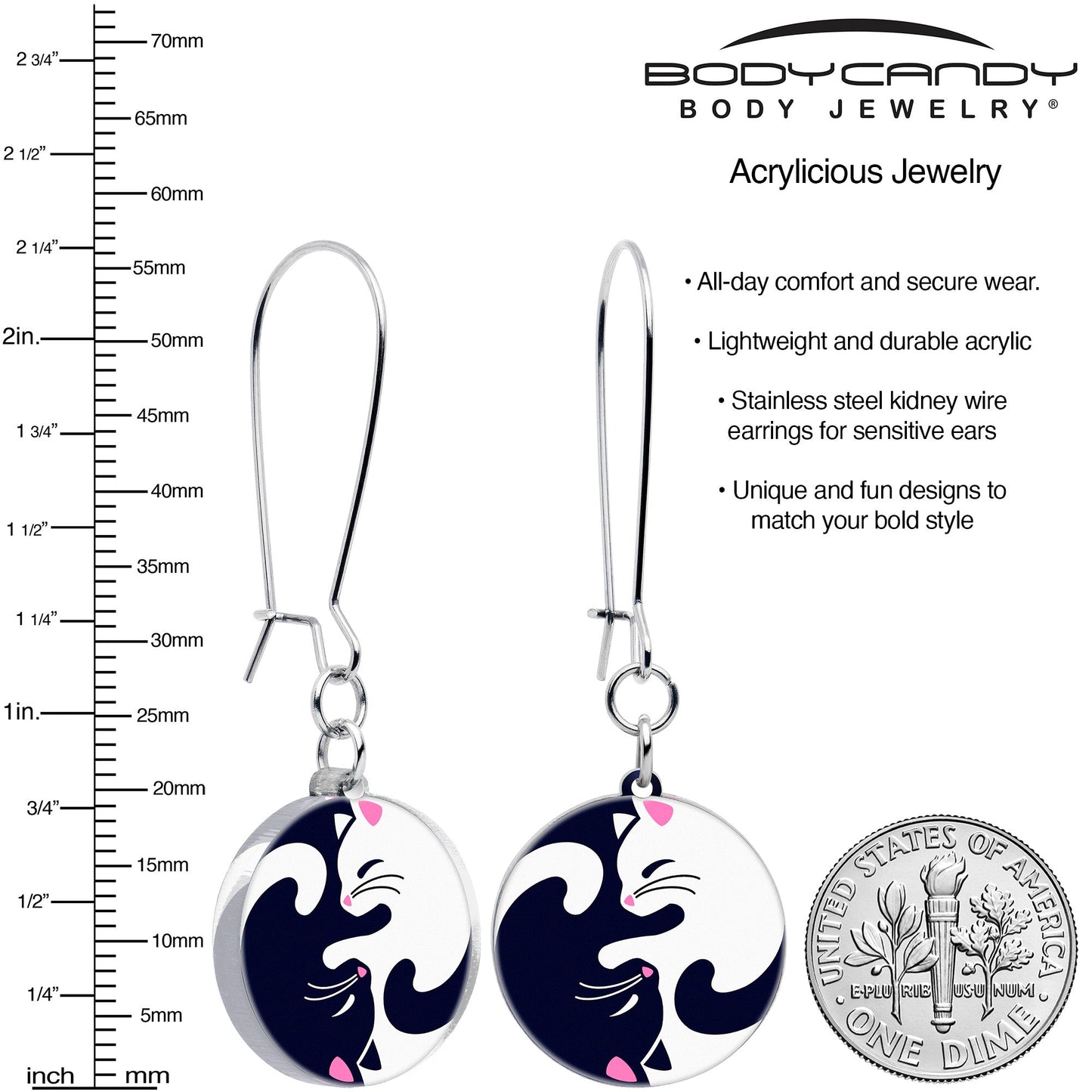Cute Kitty Cat Yin Yang Dangle Earrings by Onyx O