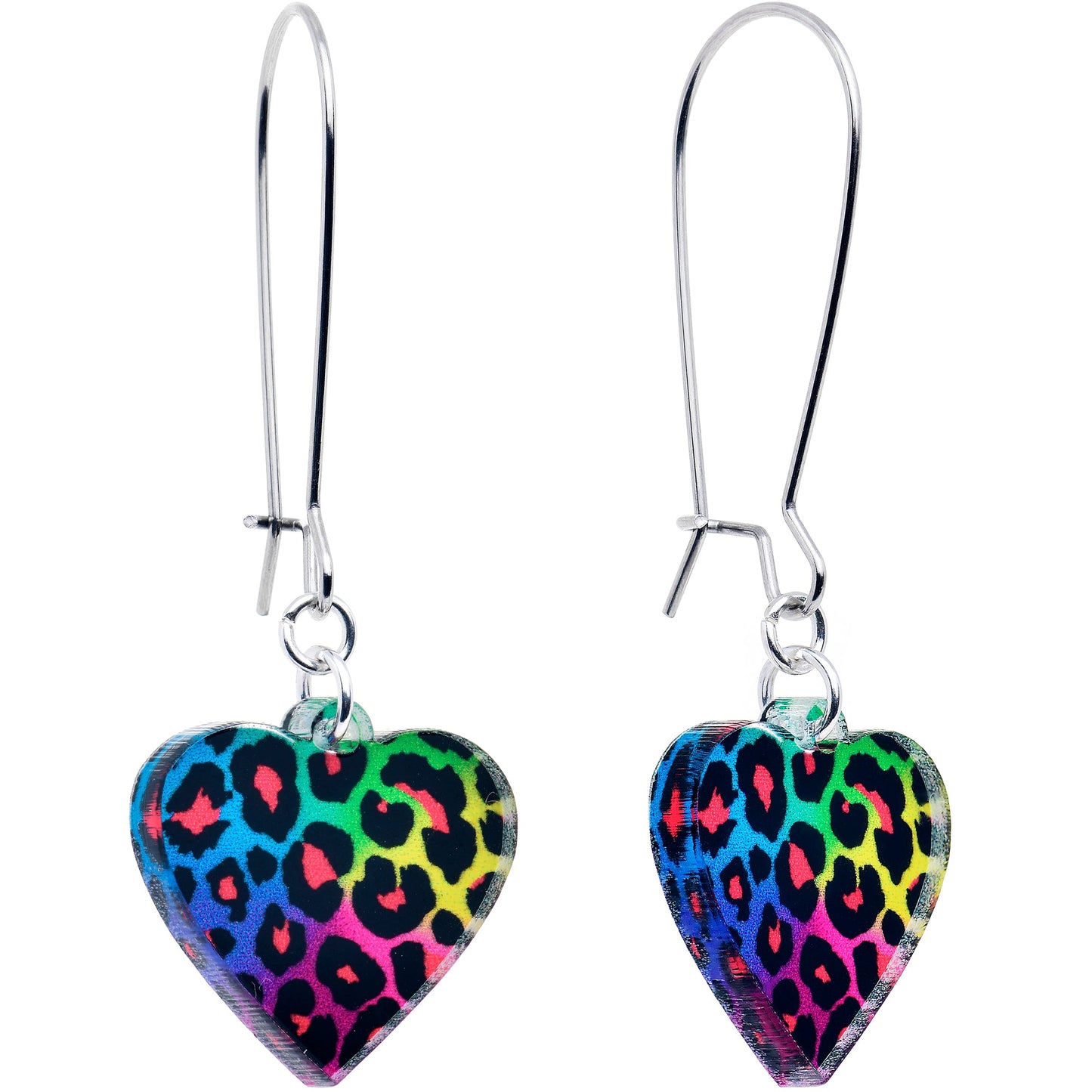 Acrylicious Rainbow Cheetah Print Heart Dangle Earrings by Onyx O