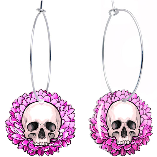 Blooming Pink Flower Skull Hoop Earrings by Onyx O