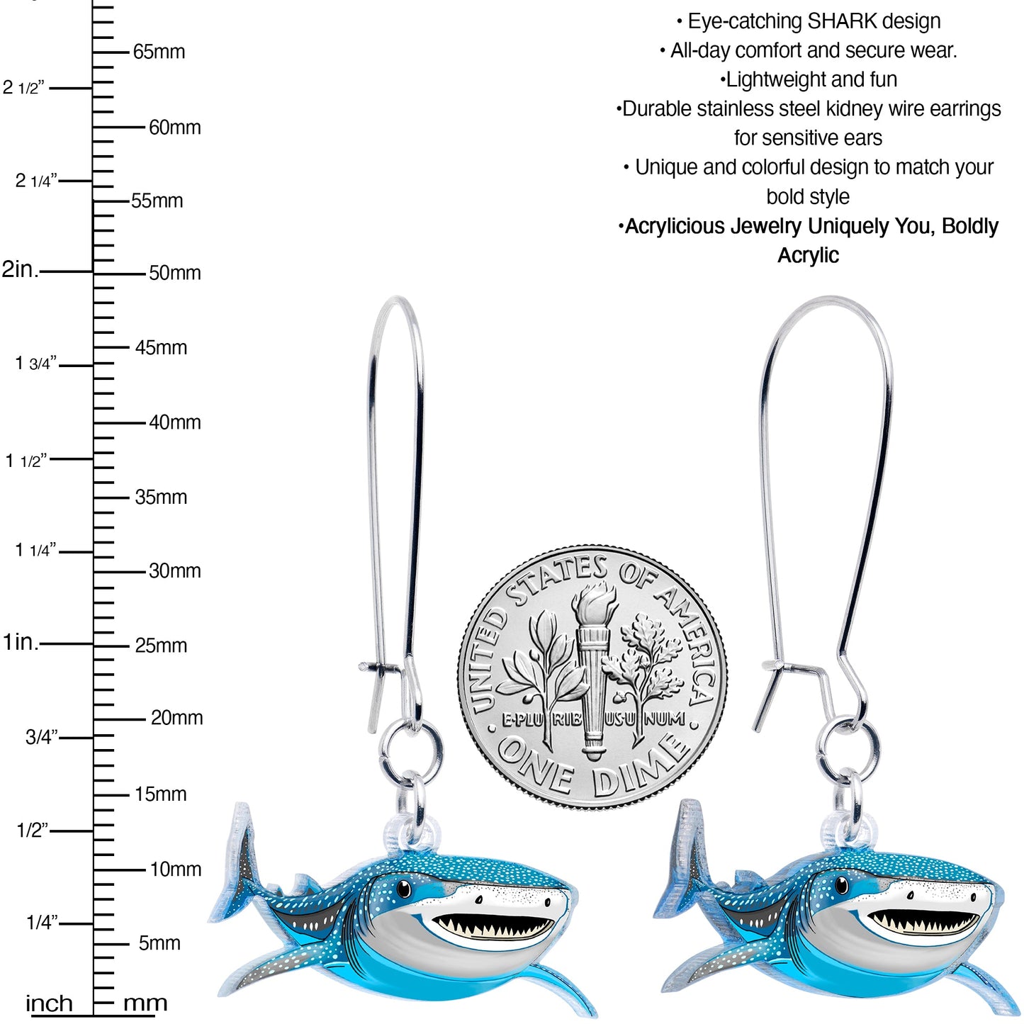 Acrylicious Attack Swimming Shark Dangle  Earrings by Onyx O