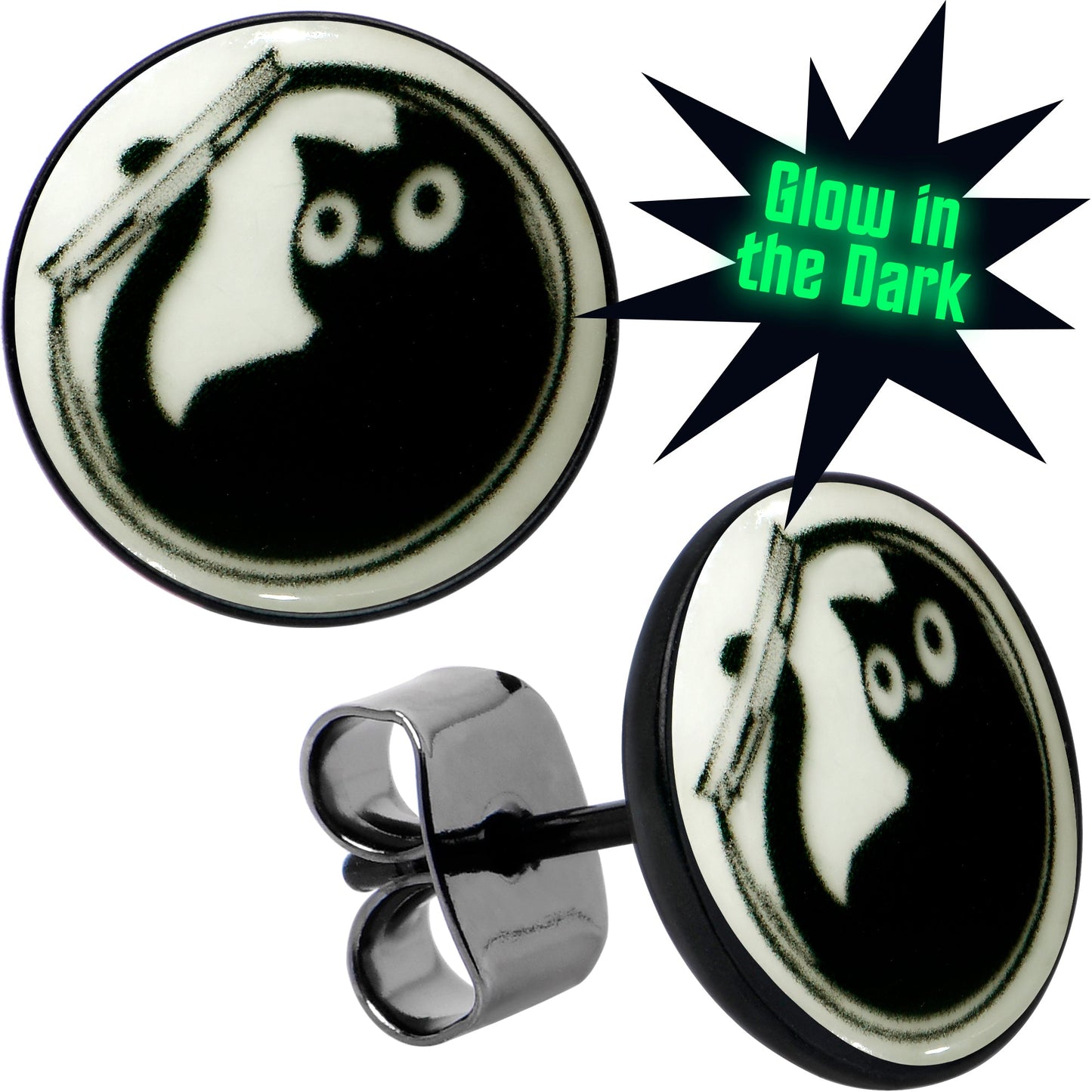 Fishbowl Kitty Cat Glow in the Dark Stud Earrings by Onyx O