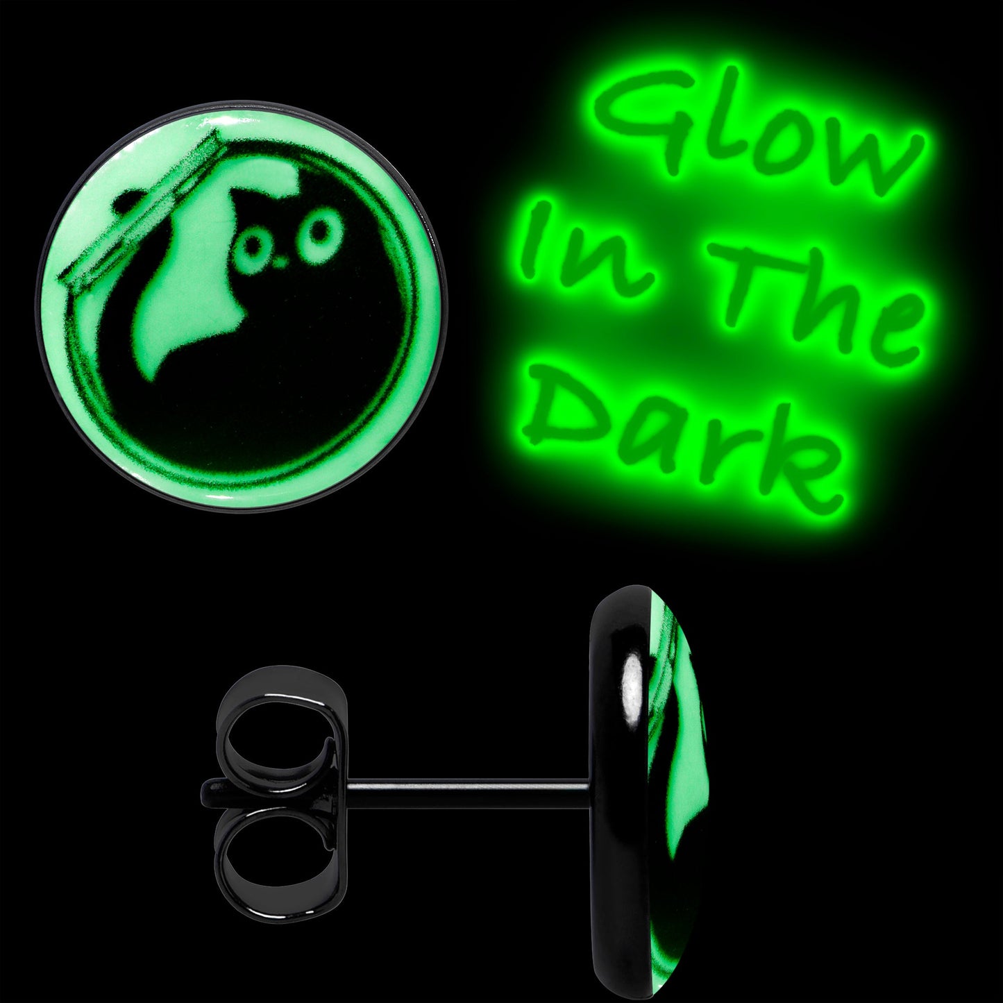Fishbowl Kitty Cat Glow in the Dark Stud Earrings by Onyx O