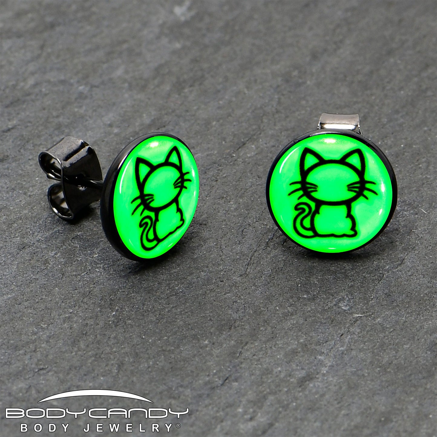 Black Anodized Kitty Cat Glow in the Dark Stud Earrings by Onyx O