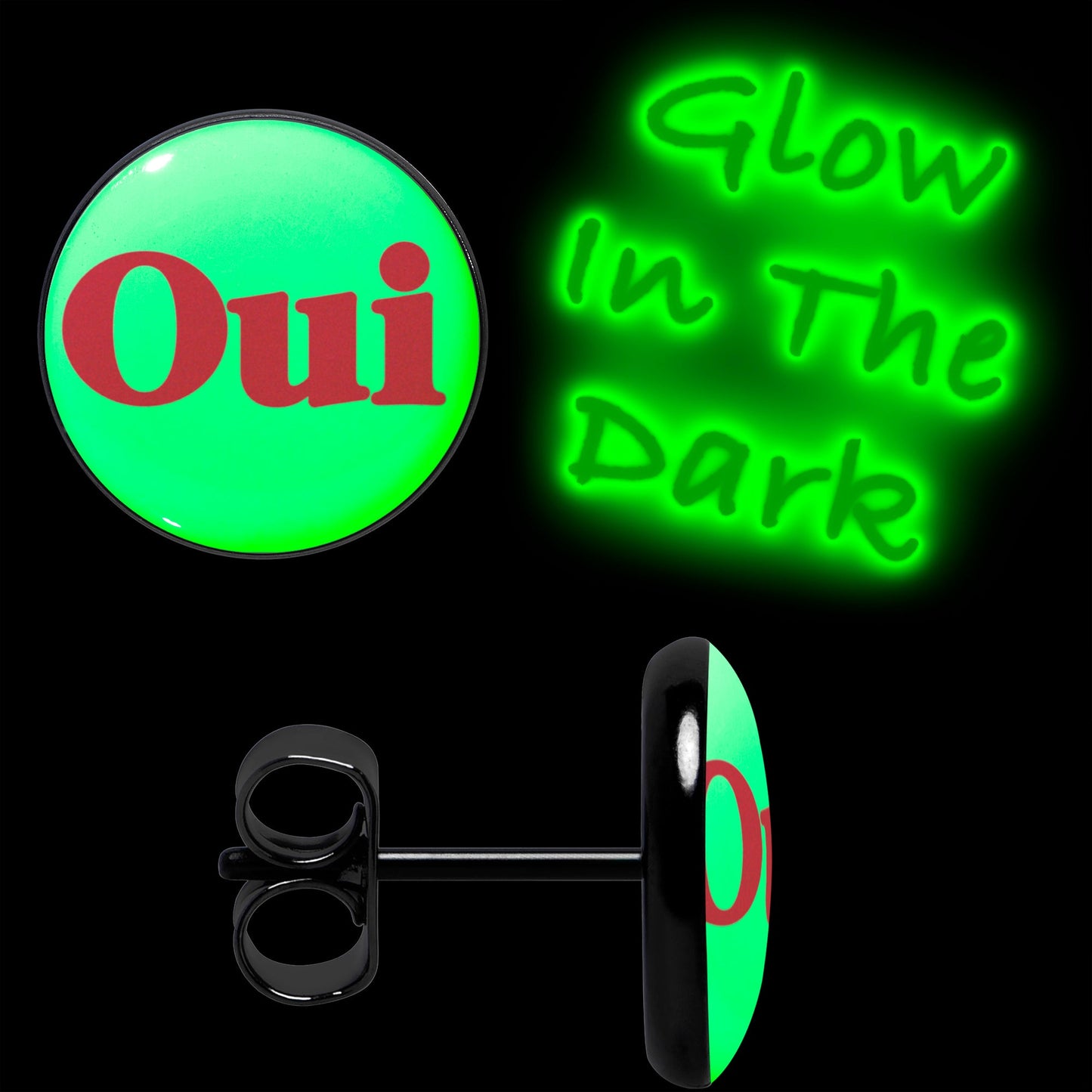 Black Anodized OUI Glow in the Dark Stud Earrings by Onyx O