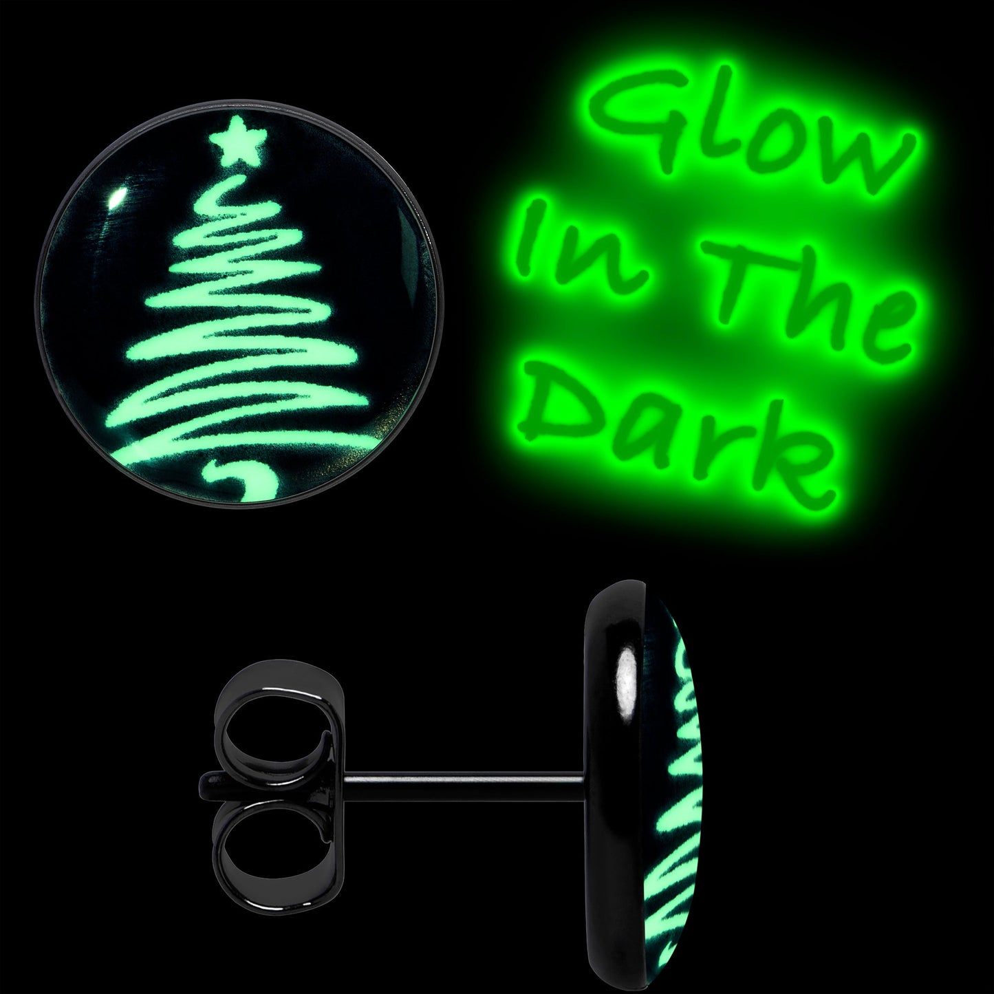 Black Anodized Glow in the Dark Holiday Christmas Tree Stud Earrings by Onyx O