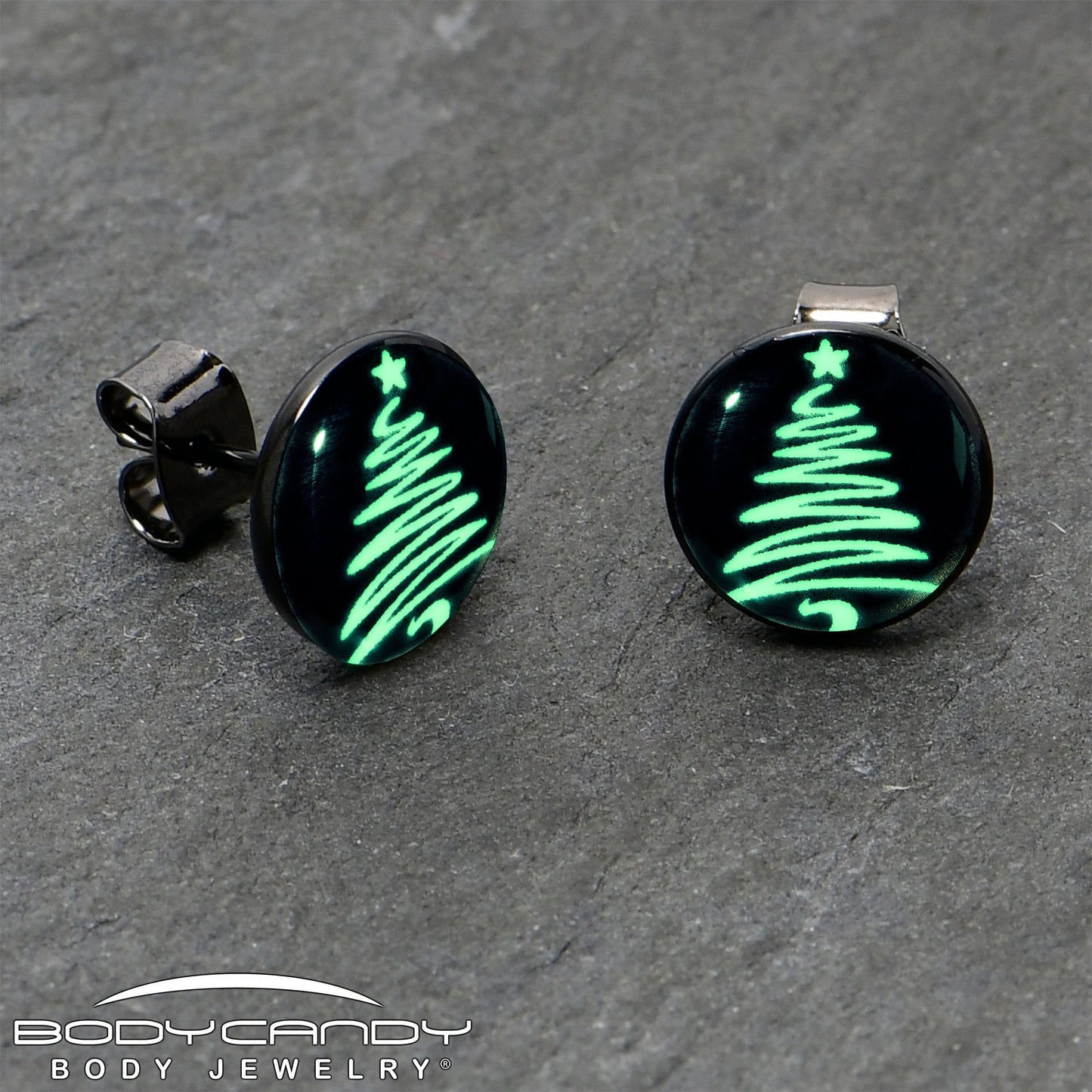 Black Anodized Glow in the Dark Holiday Christmas Tree Stud Earrings by Onyx O