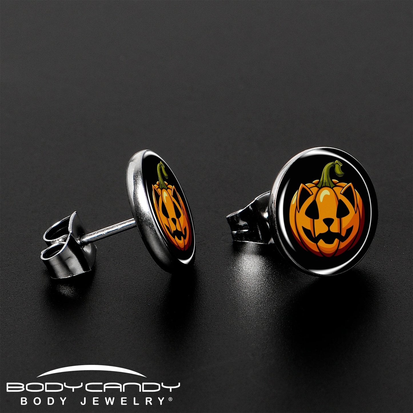 Orange Pumpkin Cat Jack-O-Lantern Stud Earrings by Onyx O