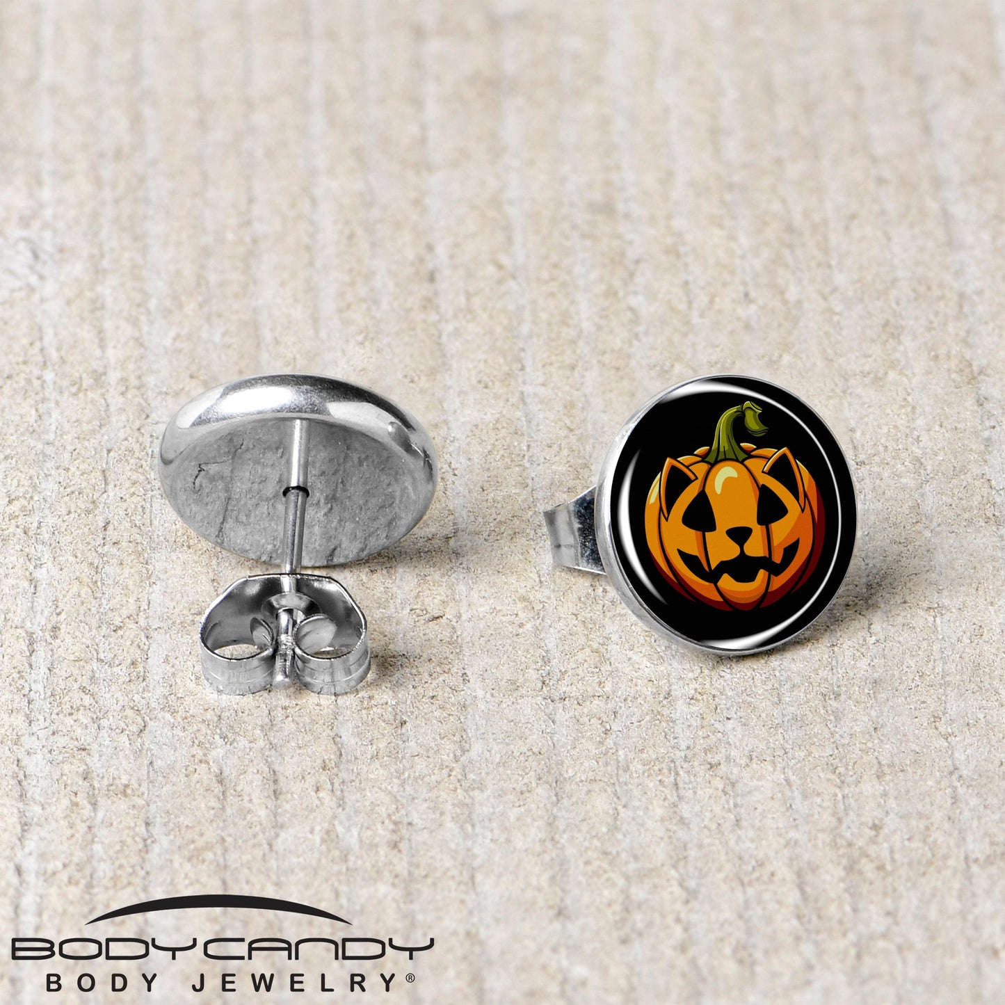 Orange Pumpkin Cat Jack-O-Lantern Stud Earrings by Onyx O
