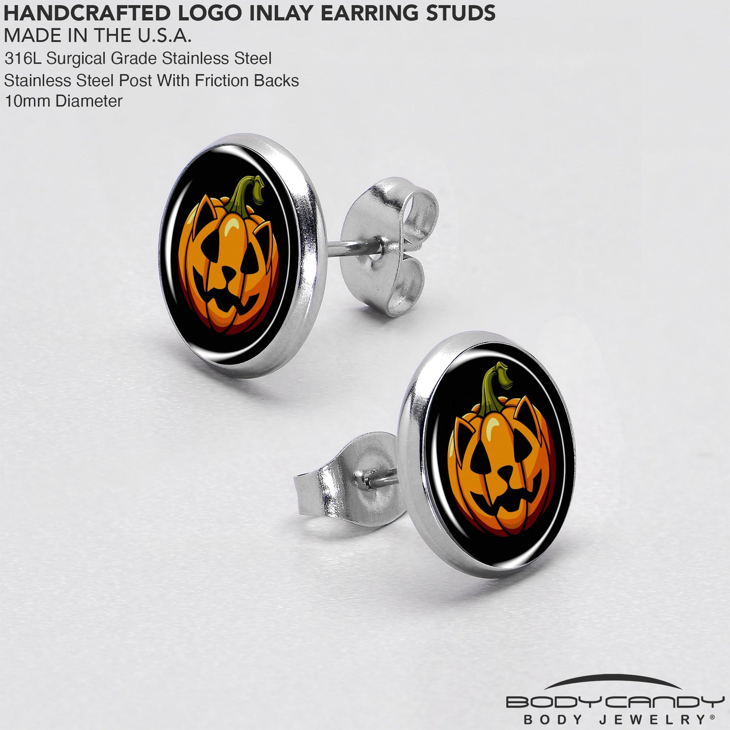 Orange Pumpkin Cat Jack-O-Lantern Stud Earrings by Onyx O