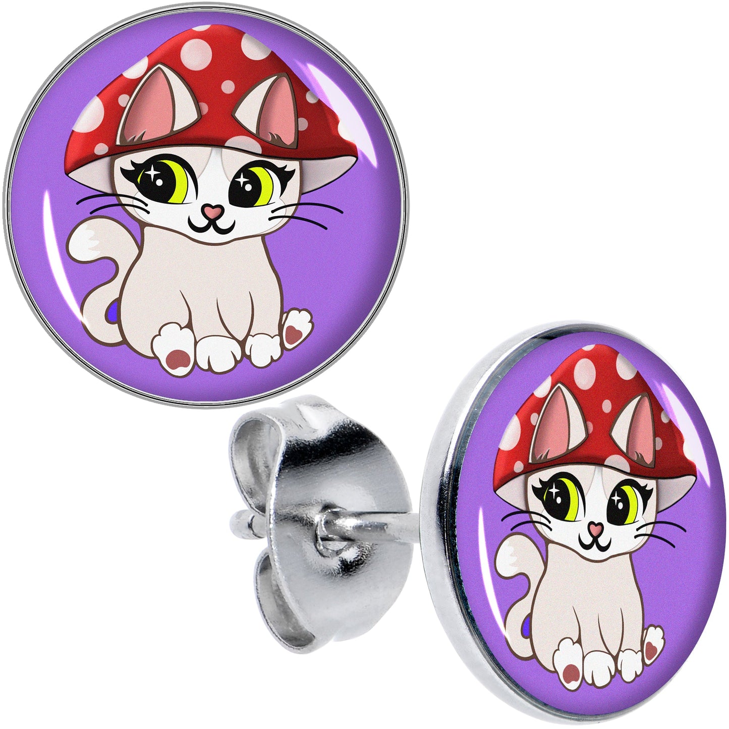 Polka Dot Mushroom Hat Cat Stud Earrings by Onyx O