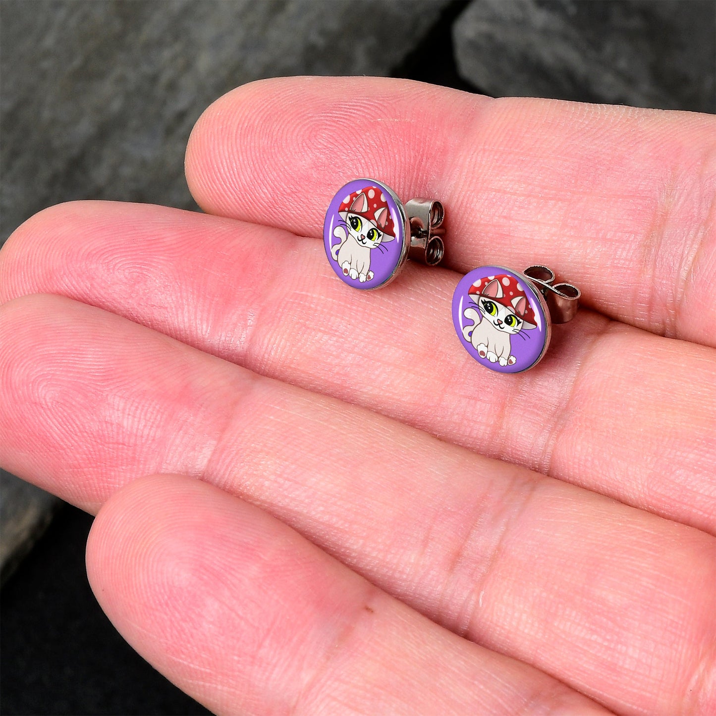 Polka Dot Mushroom Hat Cat Stud Earrings by Onyx O