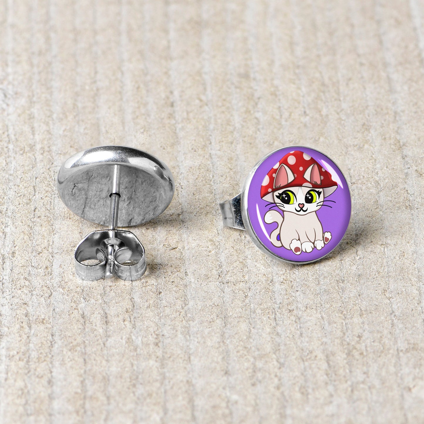 Polka Dot Mushroom Hat Cat Stud Earrings by Onyx O