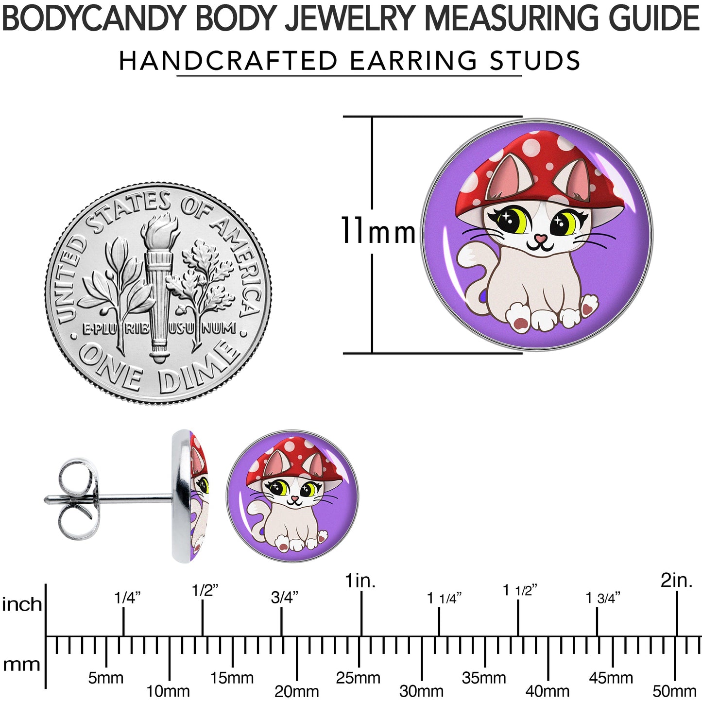 Polka Dot Mushroom Hat Cat Stud Earrings by Onyx O