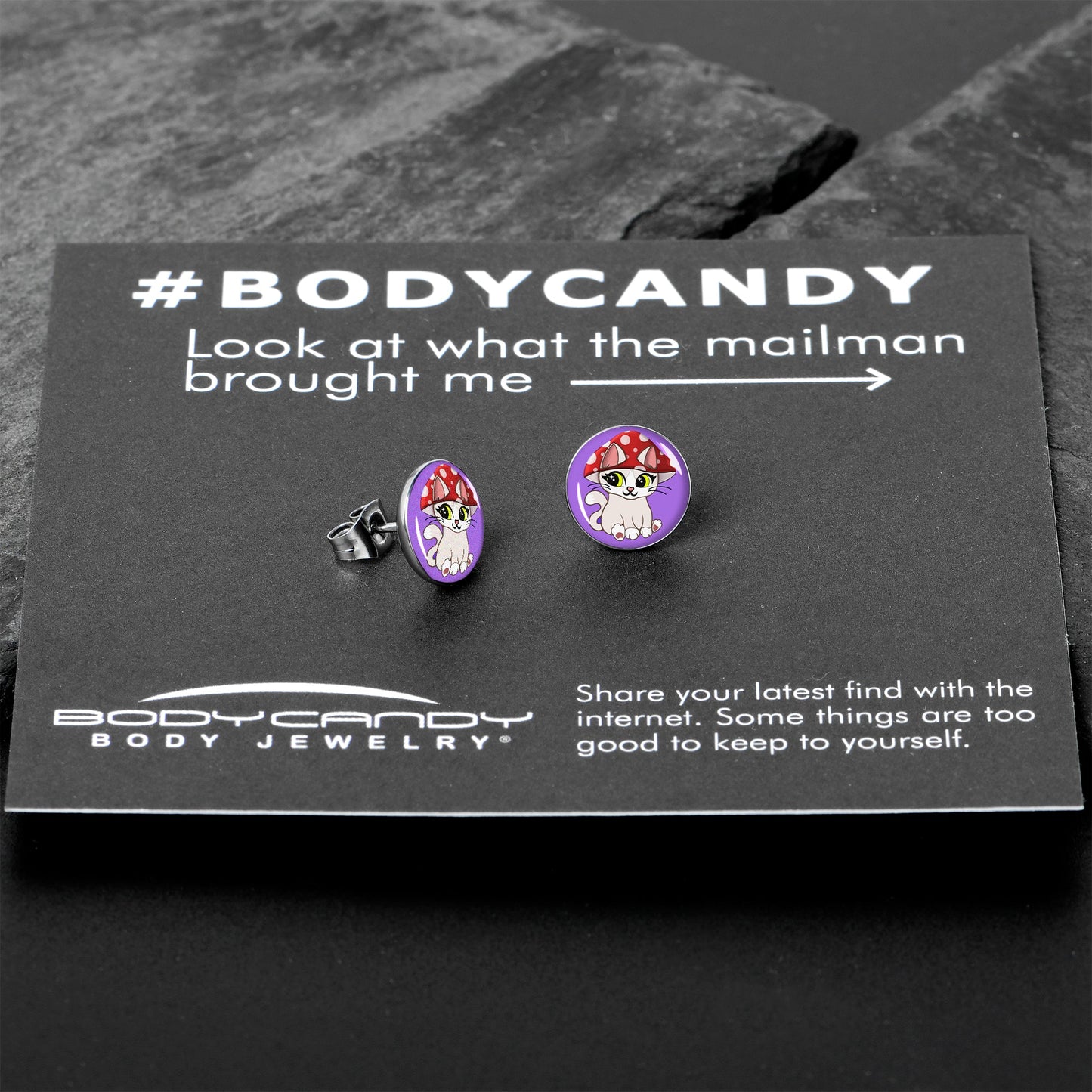 Polka Dot Mushroom Hat Cat Stud Earrings by Onyx O