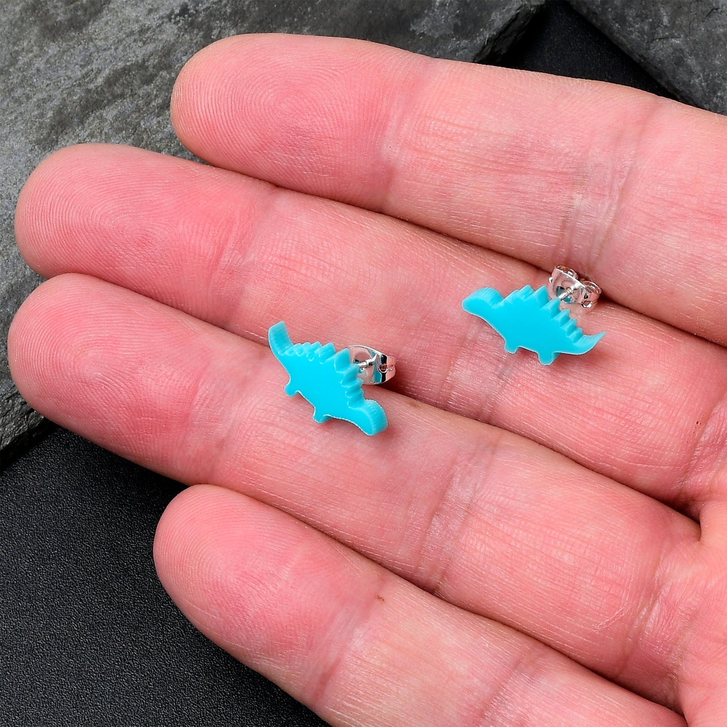 Blue Acrylic Stegosaurus Dinosaur Stud Earrings