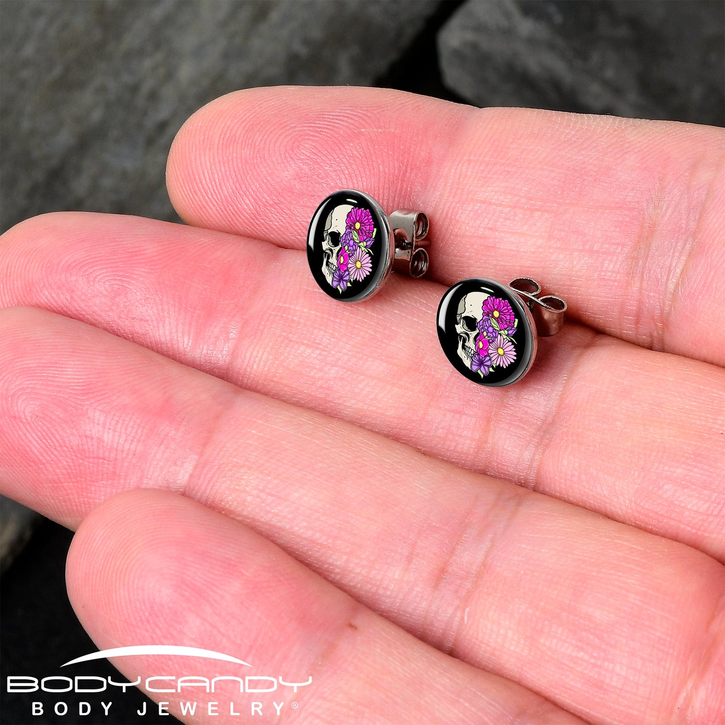 Floral Flowers Skull Stud Earrings by Onyx O