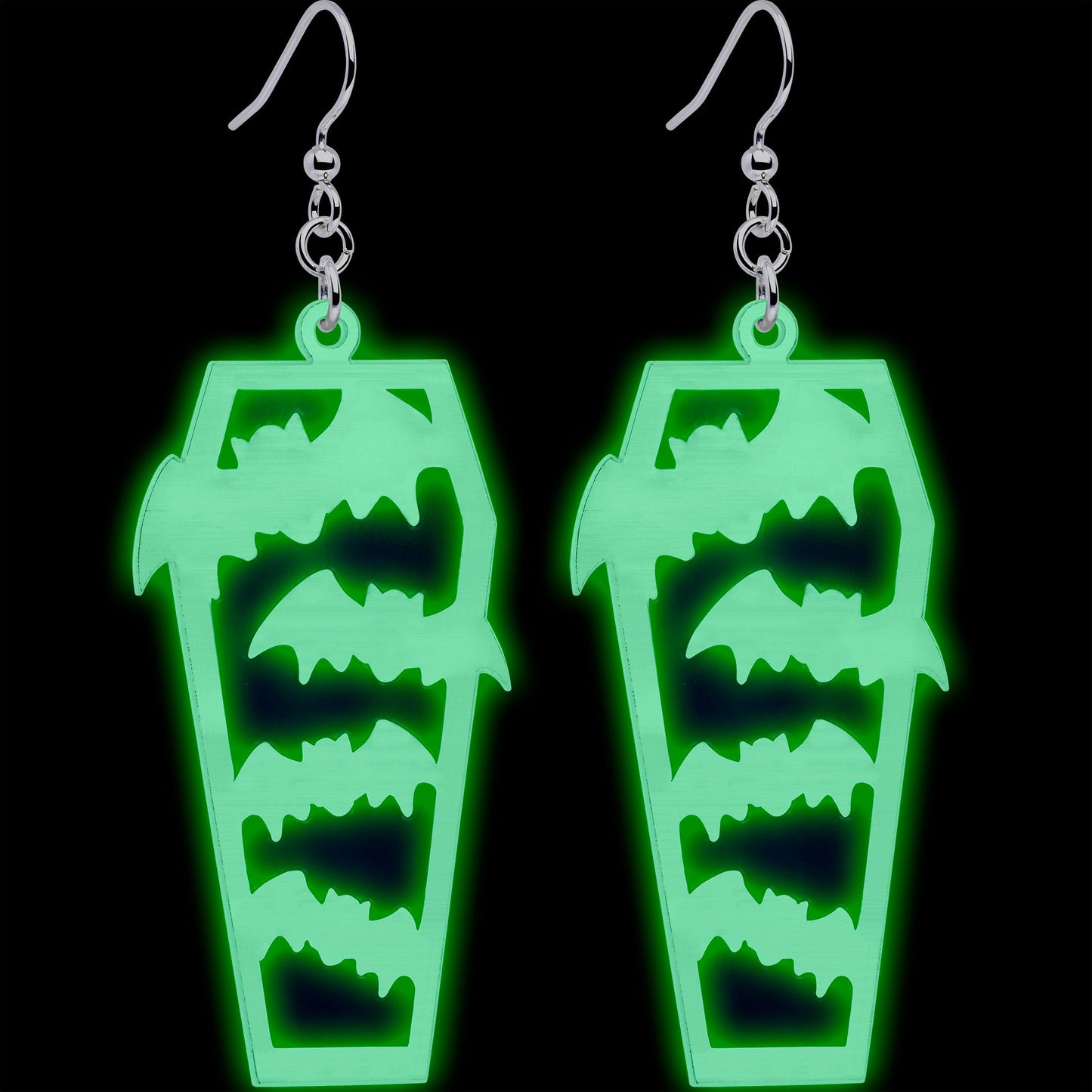 Glowing Bats Coffin Glow in the Dark Dangle Earrings by Onyx O