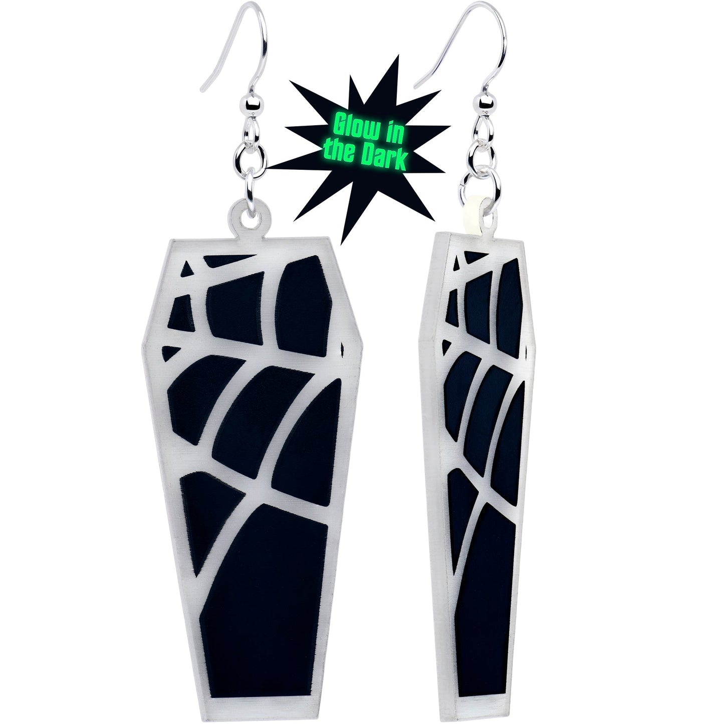 Glowing Spider Web Coffin Glow in the Dark Dangle Earrings by Onyx O