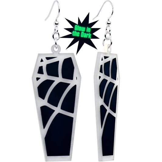 Glowing Spider Web Coffin Glow in the Dark Dangle Earrings by Onyx O