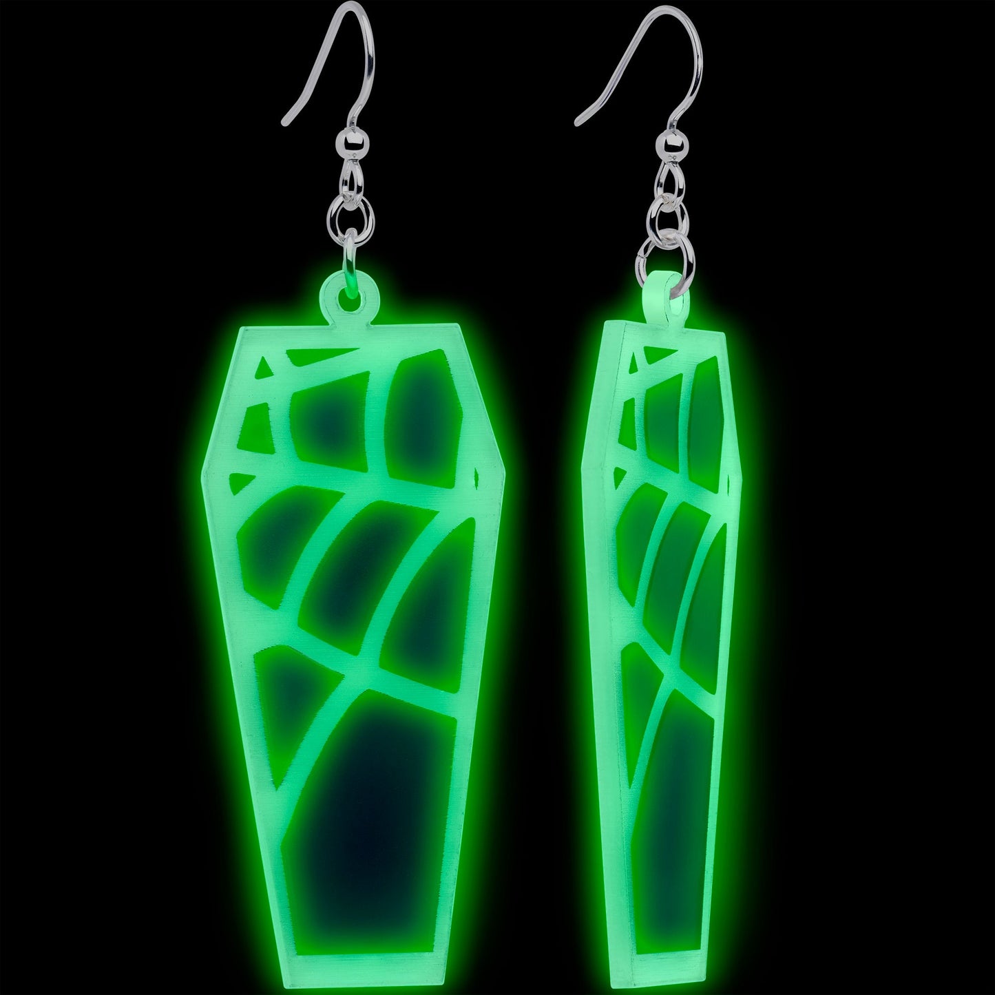 Glowing Spider Web Coffin Glow in the Dark Dangle Earrings by Onyx O