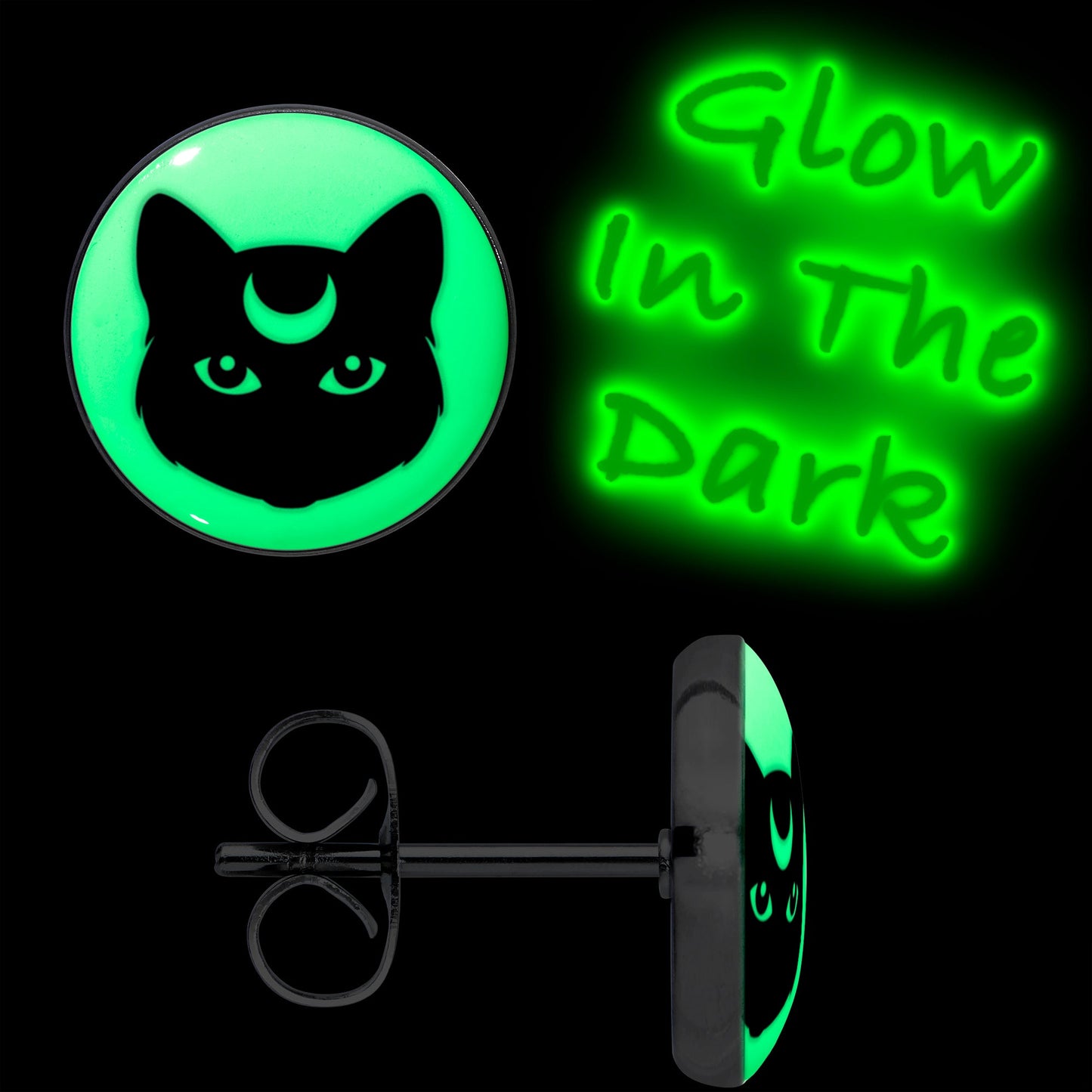 Mystic Kitty Cat Glow in the Dark Stud Earrings by Onyx O