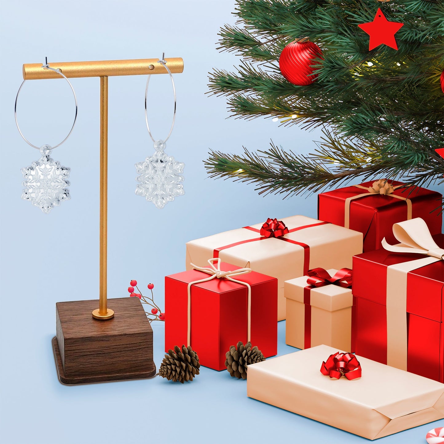 Ice Clear Winter Snowflake Hoop Earrings