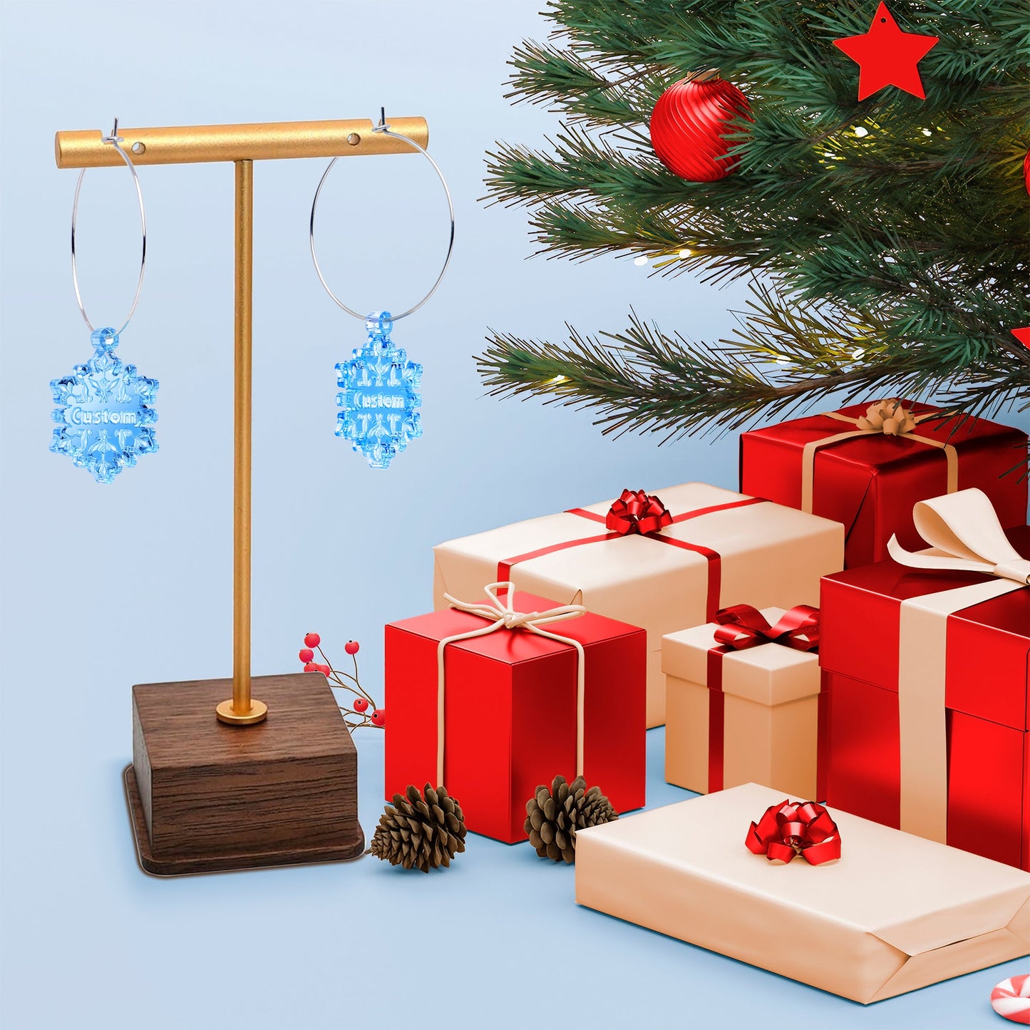 Custom Blue Winter Snowflake Personalized Hoop Earrings