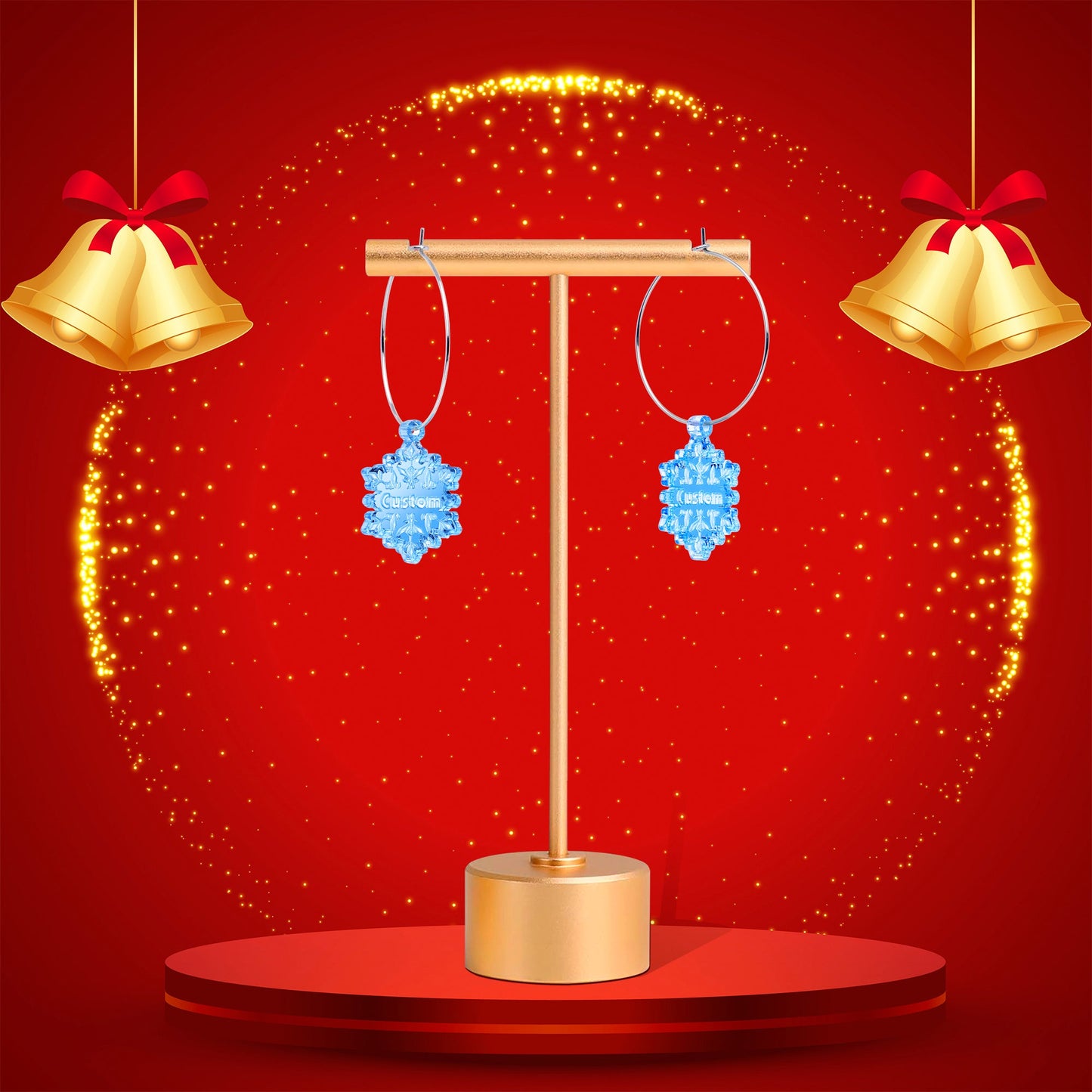 Custom Blue Winter Snowflake Personalized Hoop Earrings