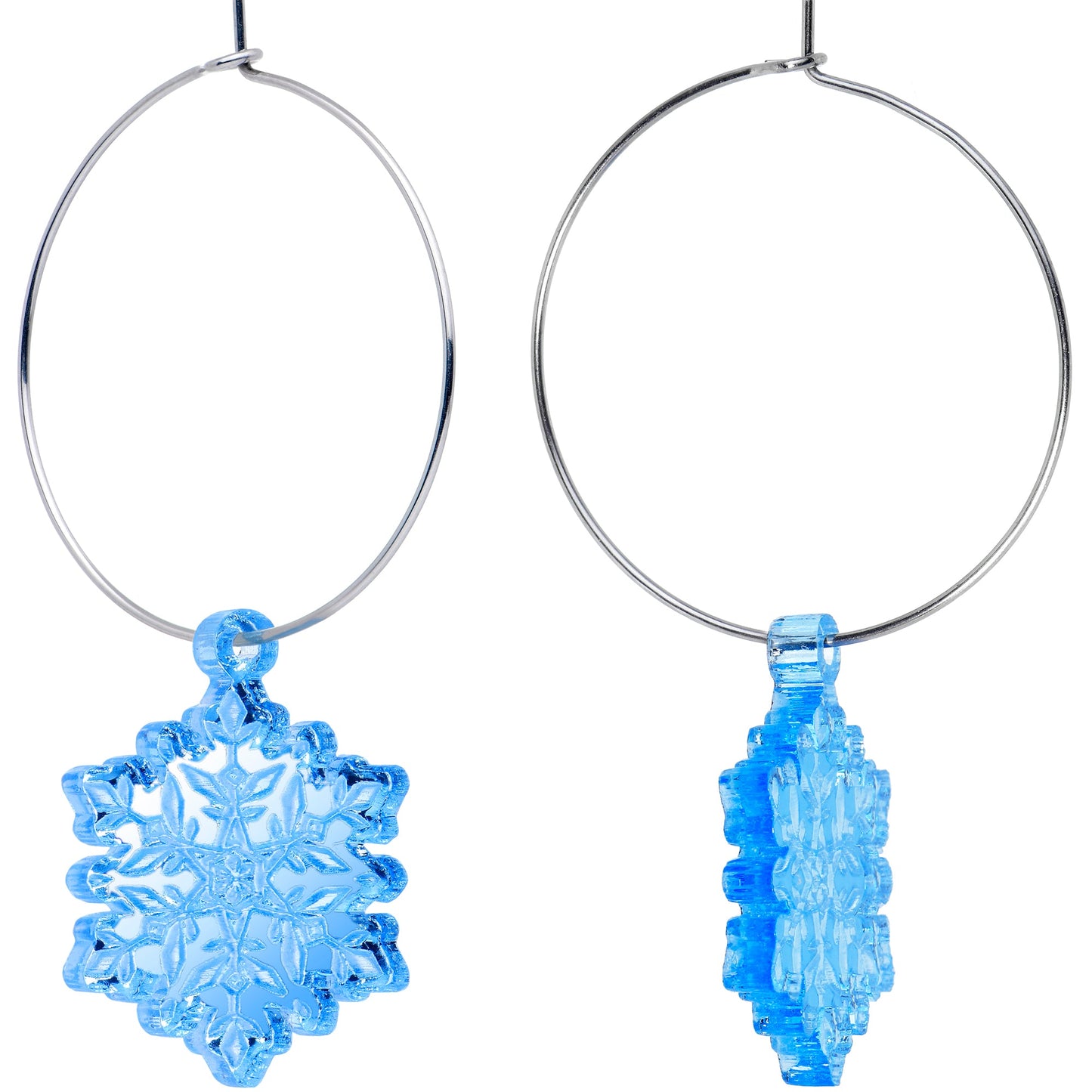 Ice Blue Winter Snowflake Hoop Earrings