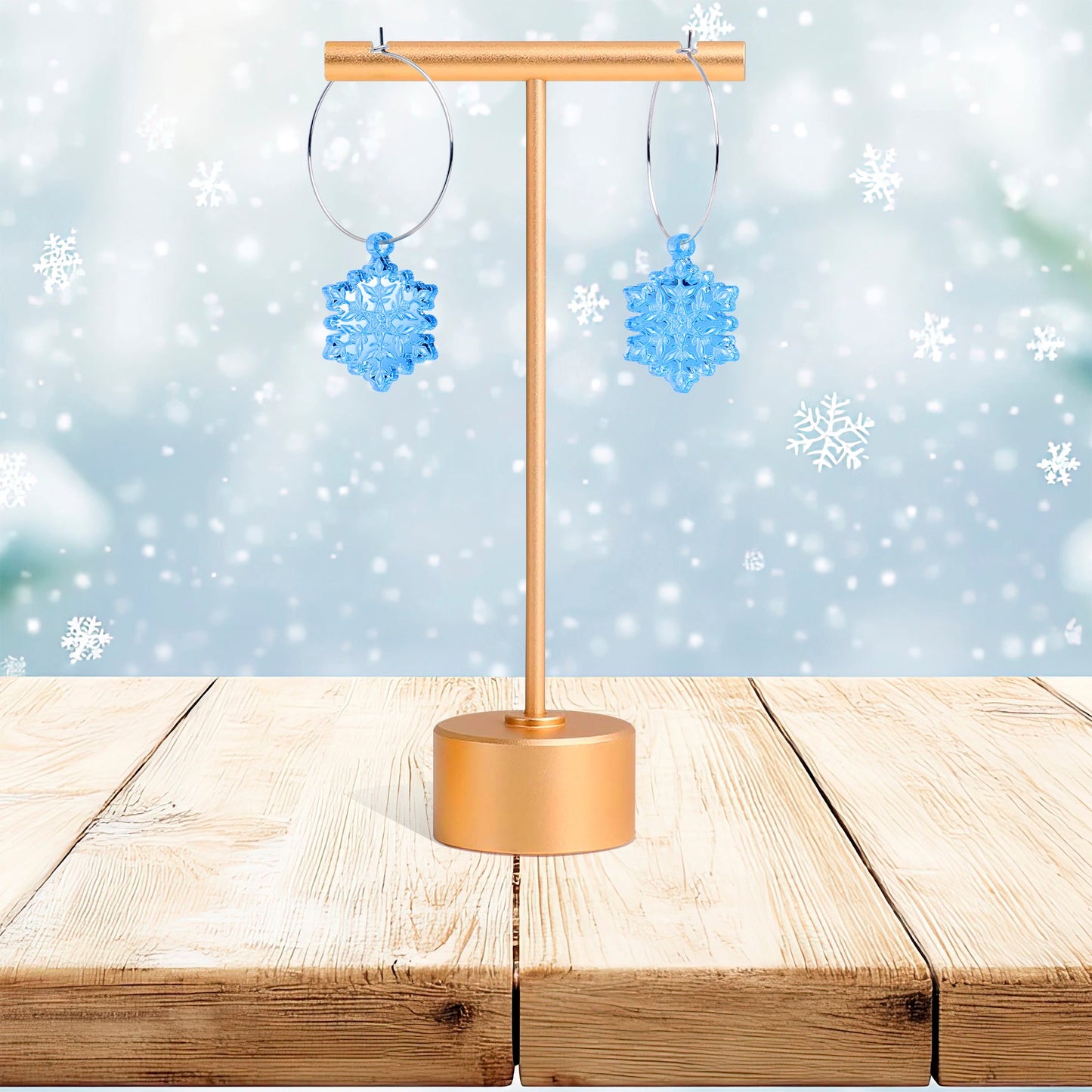 Ice Blue Winter Snowflake Hoop Earrings