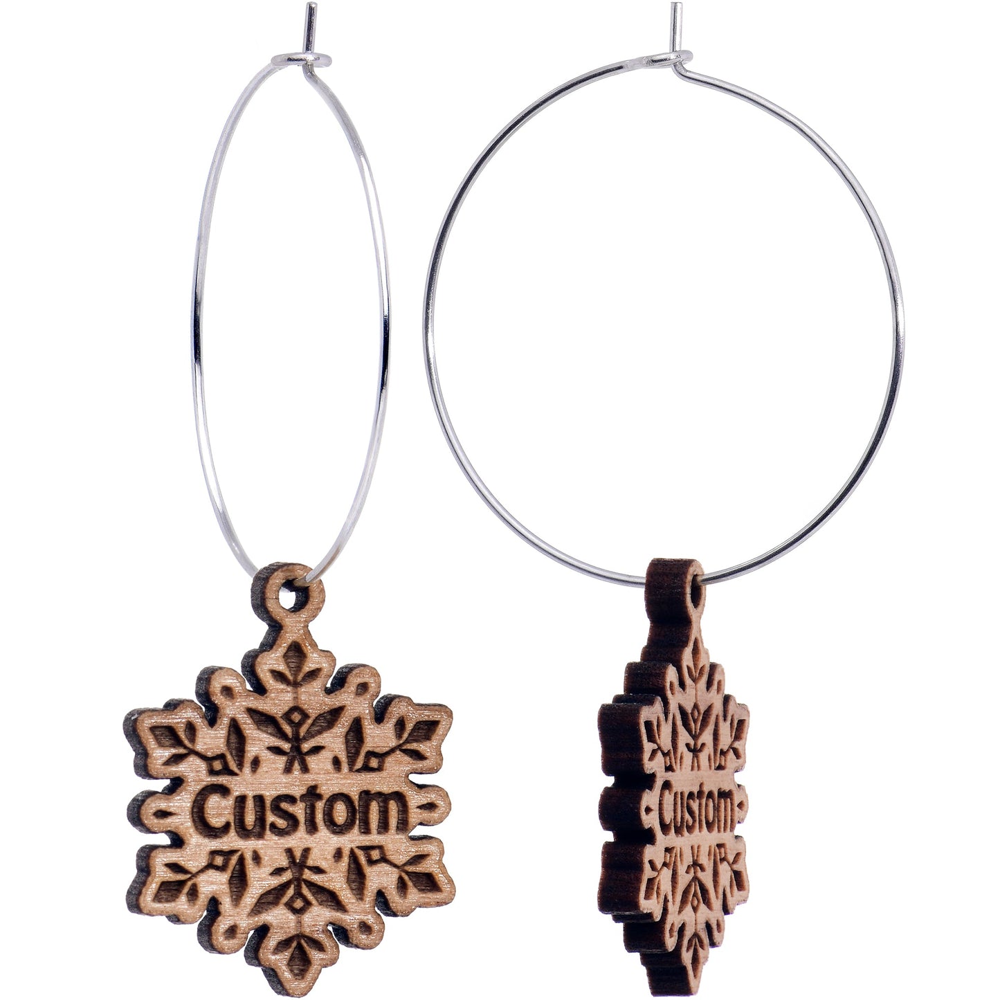 Custom Natural Wood Snowflake Personalized Hoop Earrings