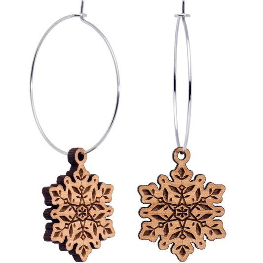 Natural Wood Snowflake Hoop Earrings
