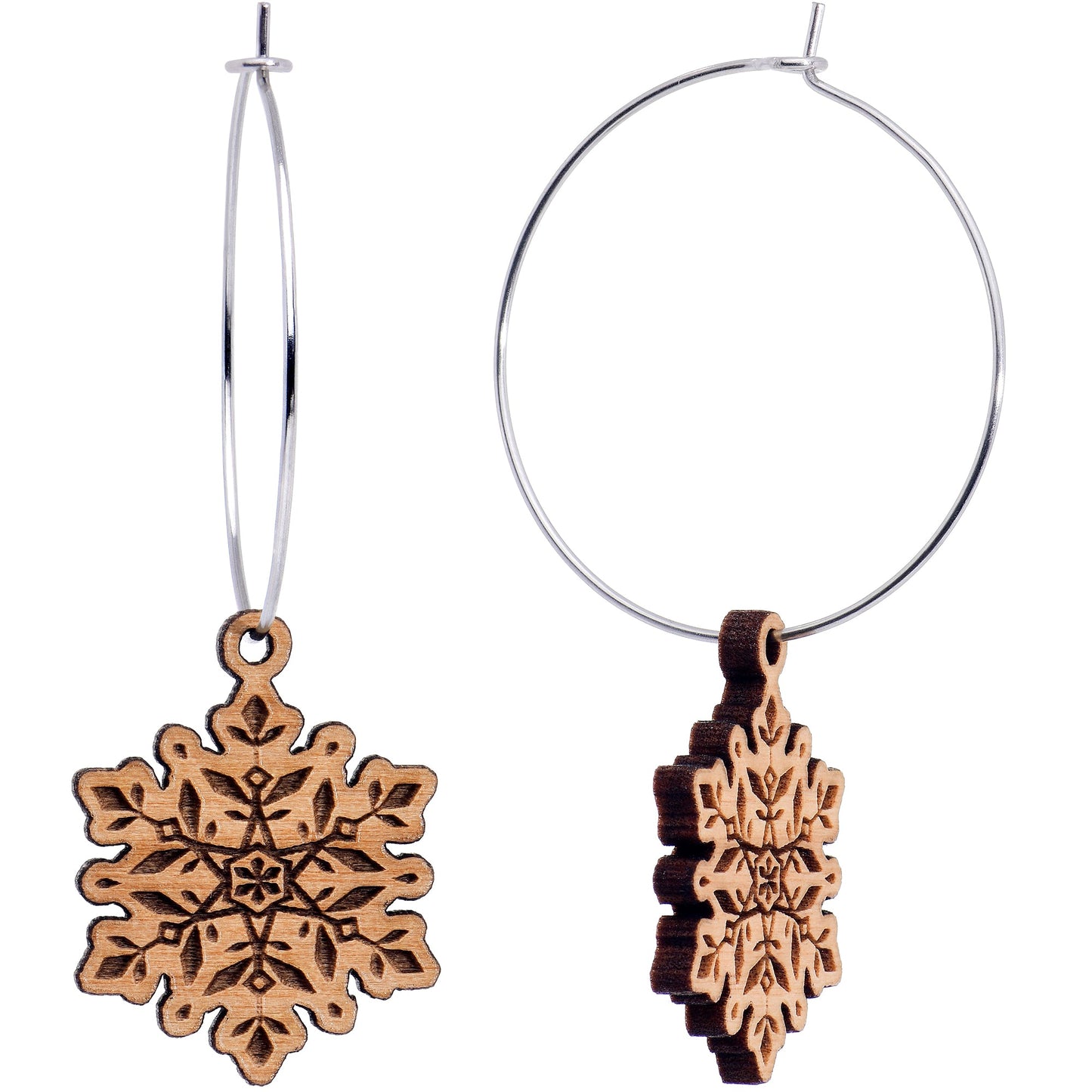 Natural Wood Snowflake Hoop Earrings