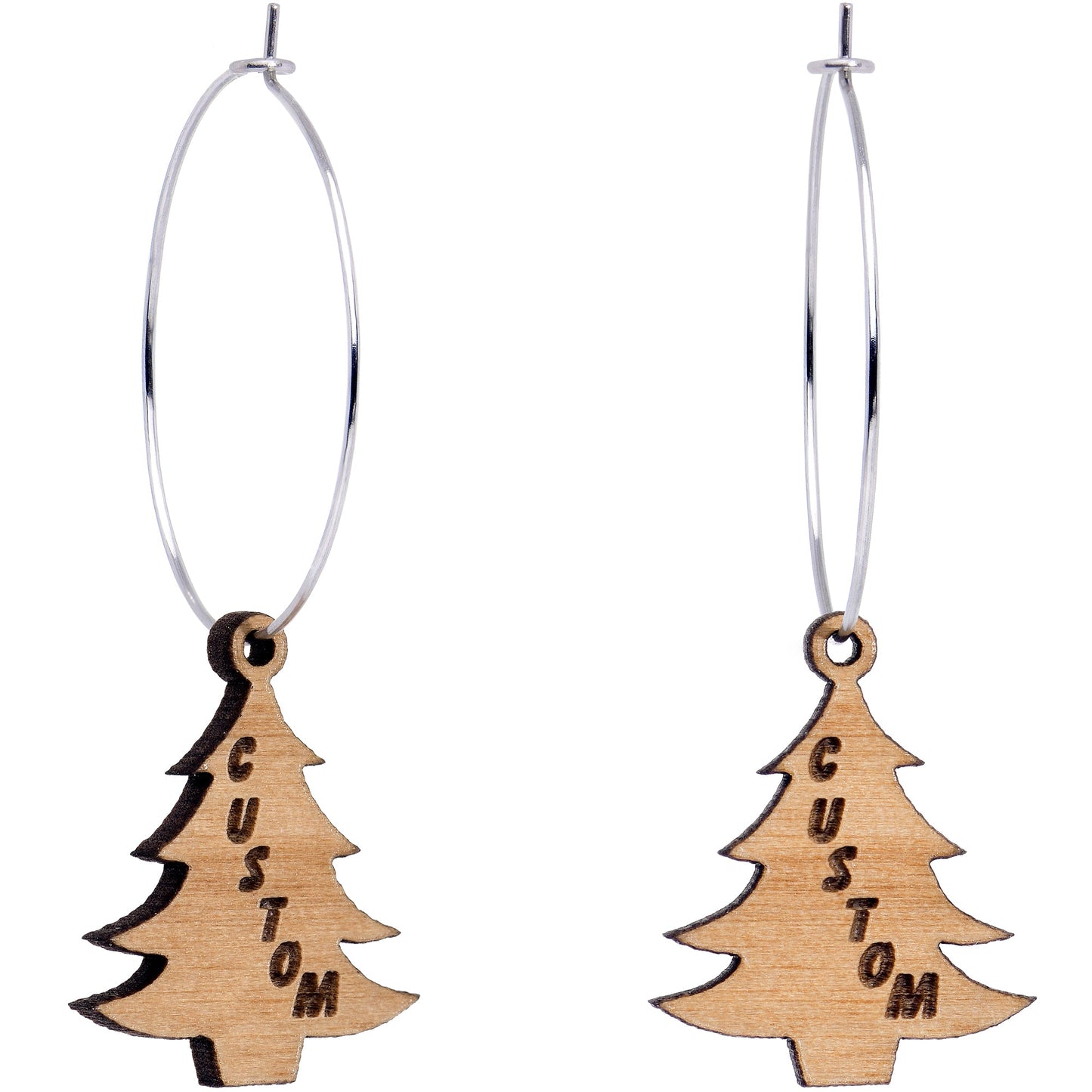 Custom Natural Wood Christmas Tree Personalized Hoop Earrings
