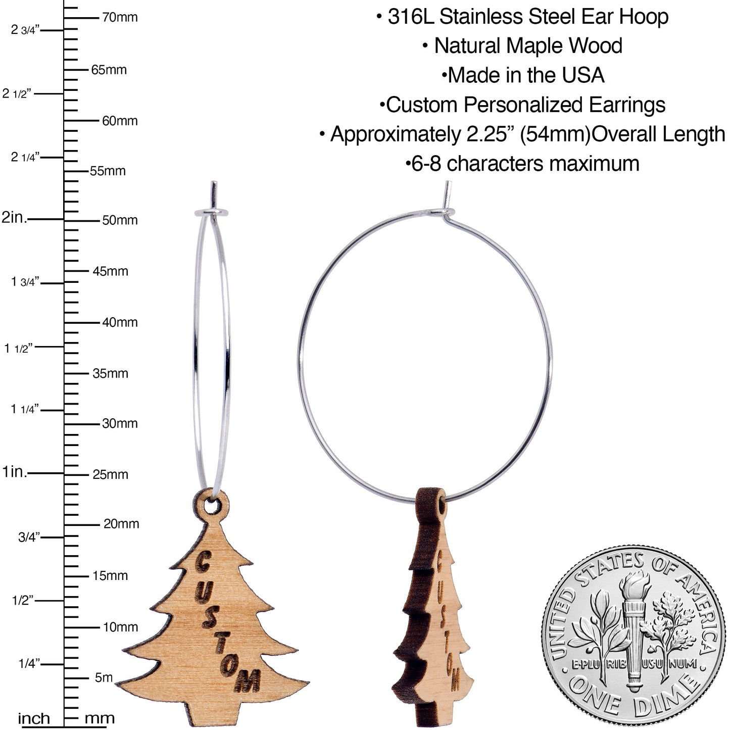 Custom Natural Wood Christmas Tree Personalized Hoop Earrings