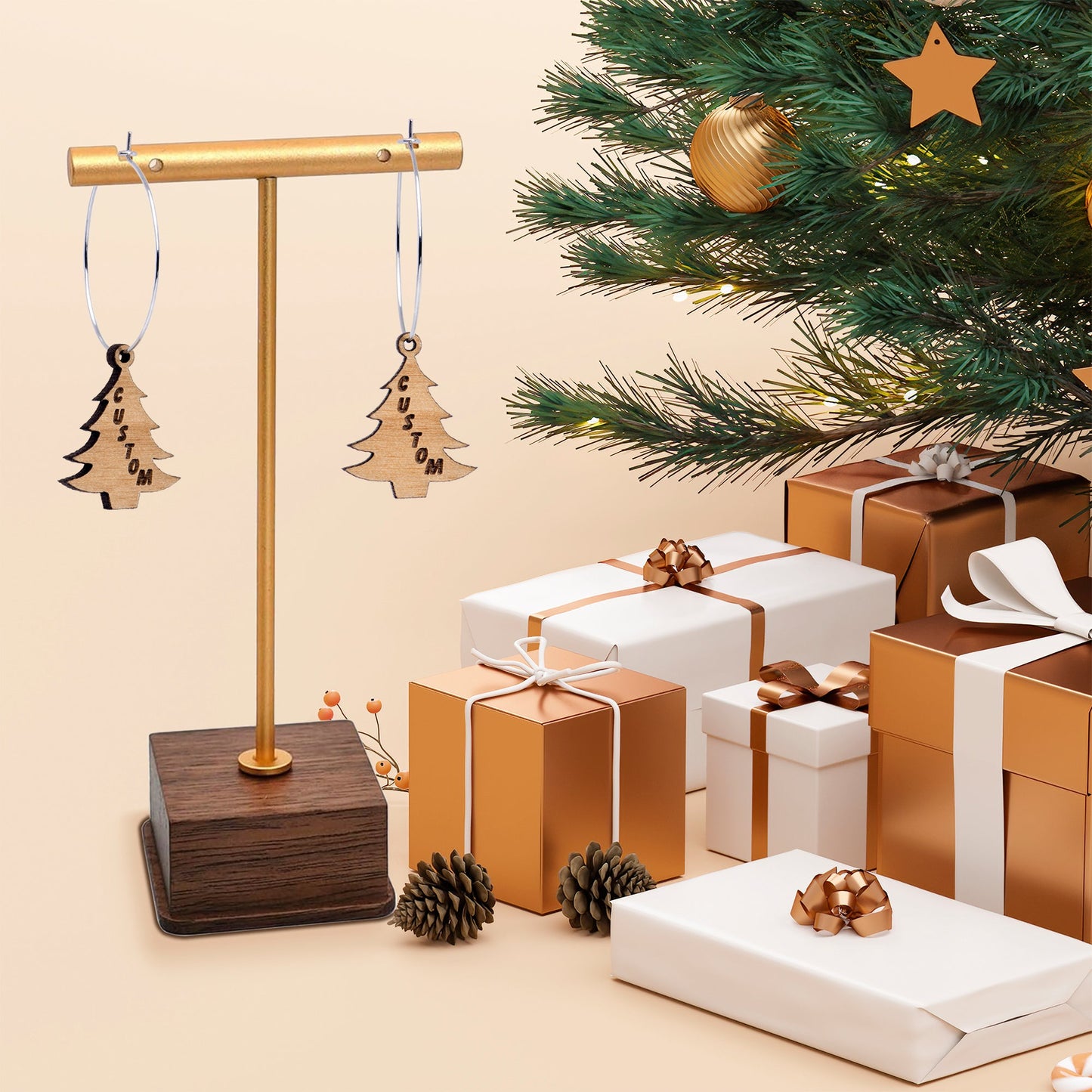 Custom Natural Wood Christmas Tree Personalized Hoop Earrings