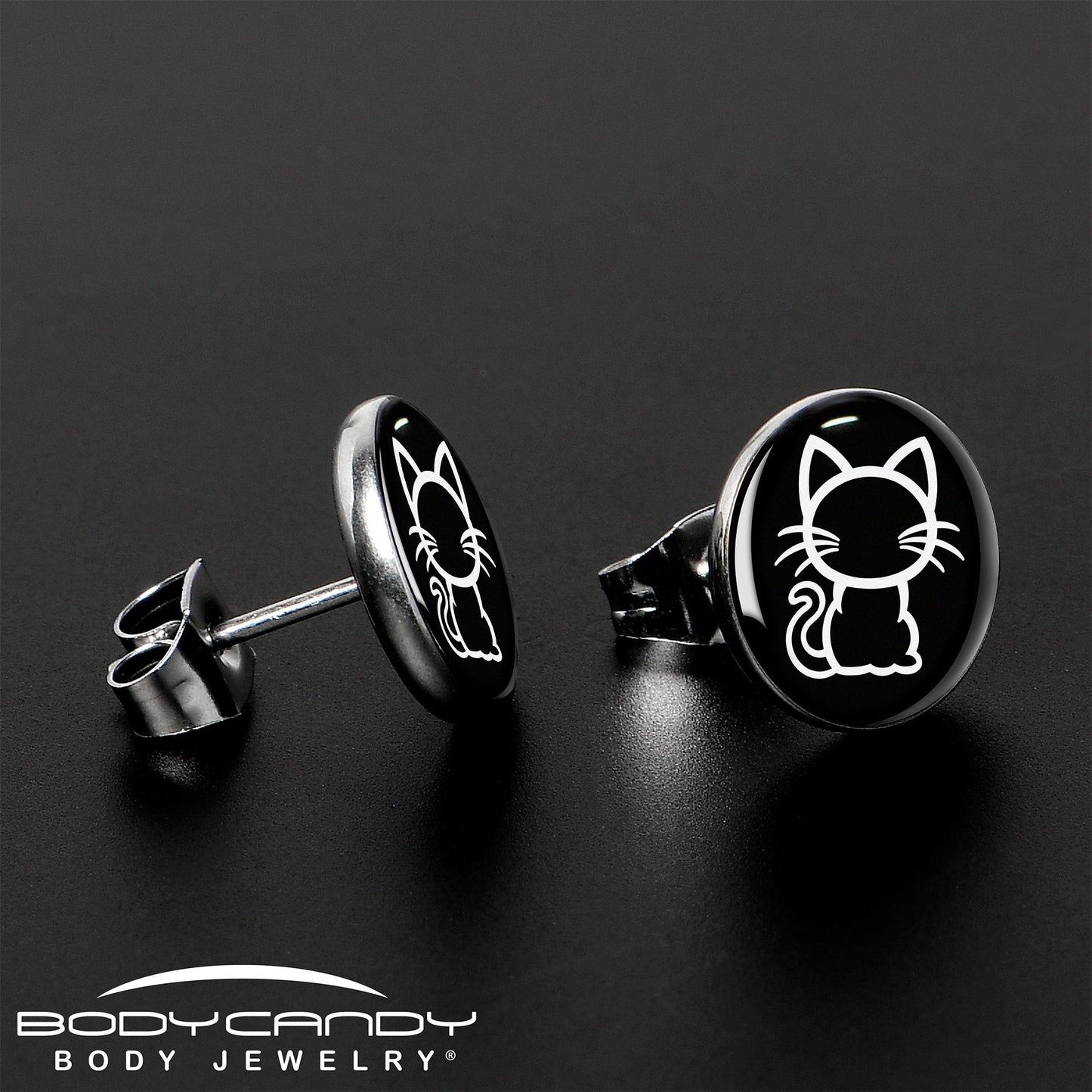 Black and White Kitty Cat Stud Earrings by Onyx O