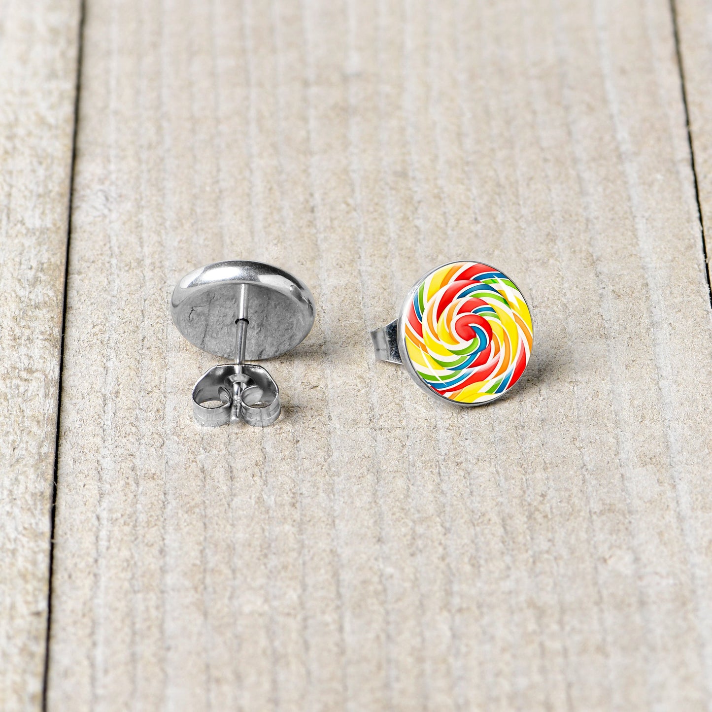 Rainbow Swirl Lollipop Stud Earrings by Onyx O