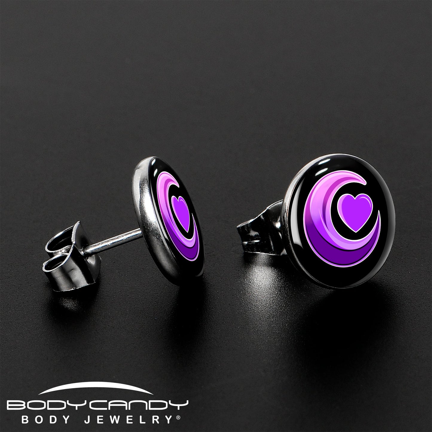 Crescent Moon Heart Stud Earrings by Onyx O