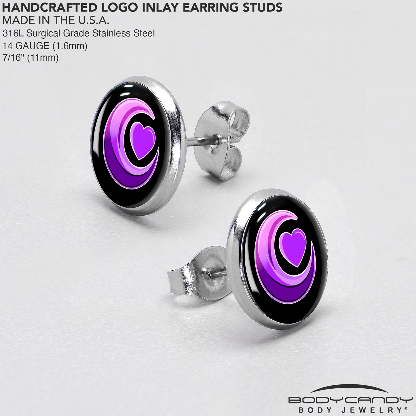 Crescent Moon Heart Stud Earrings by Onyx O