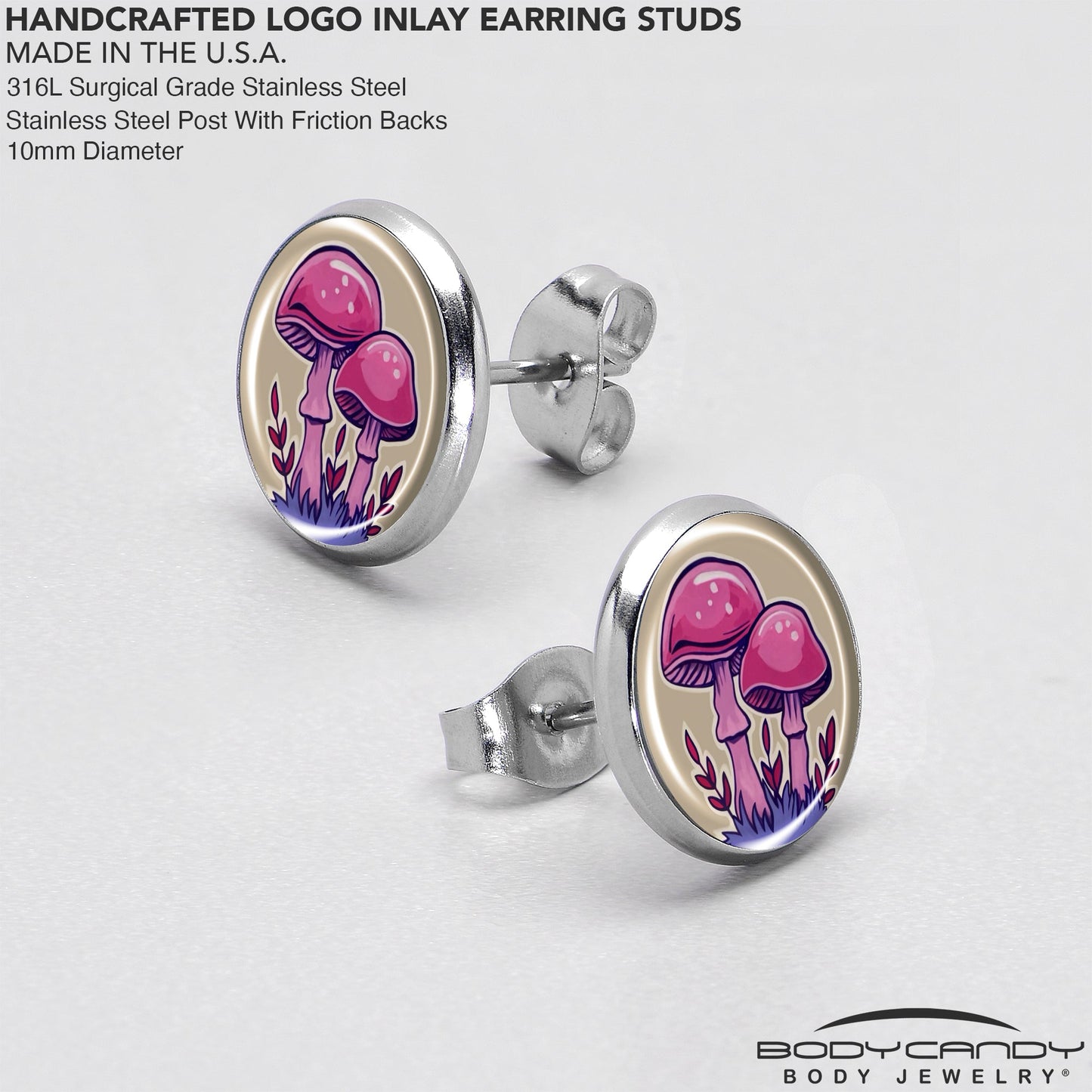 Artist Drawn Pink Mushrooms Stud Earrings by Onyx O