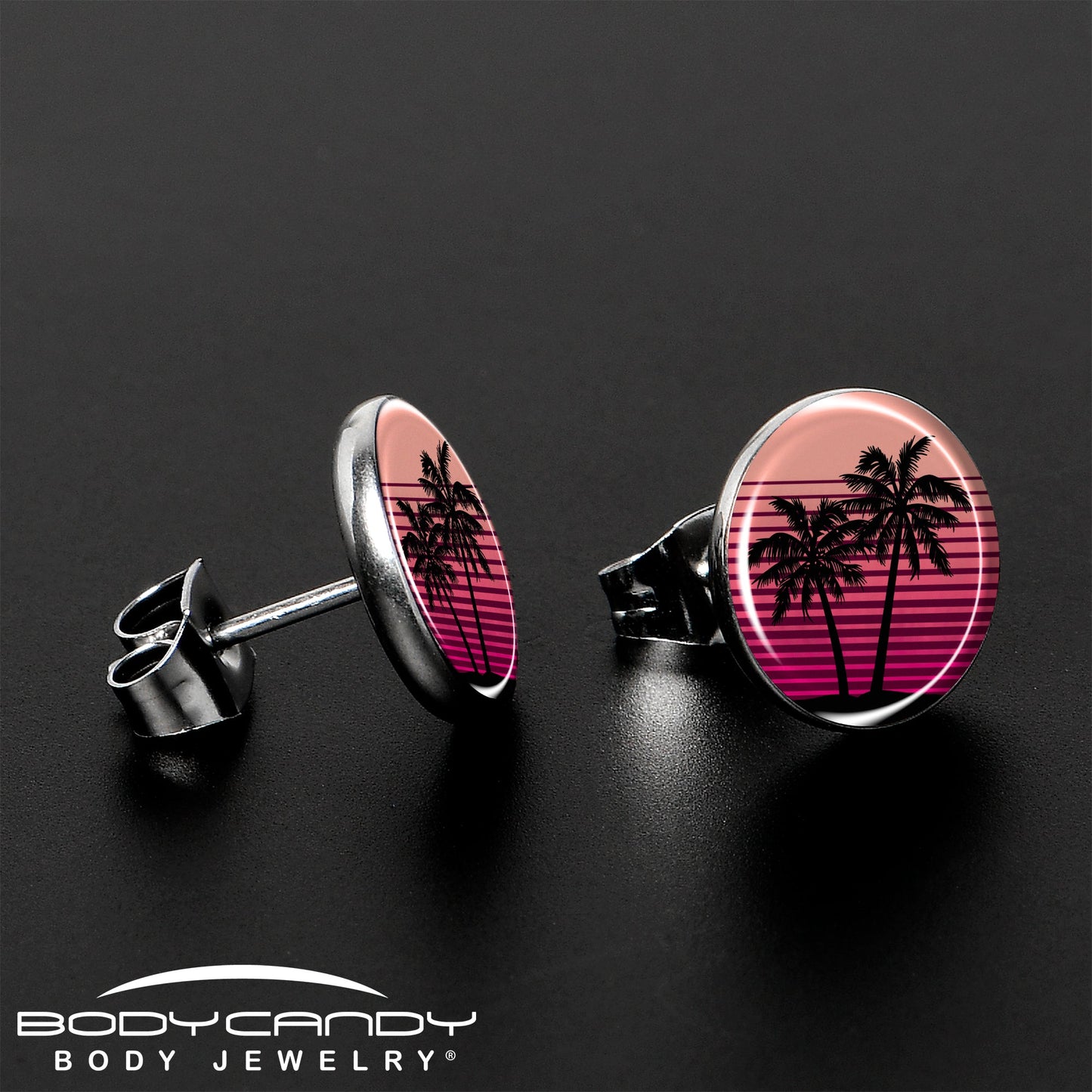 Palm Tree Retro Sunset Stud Earrings by Onyx O