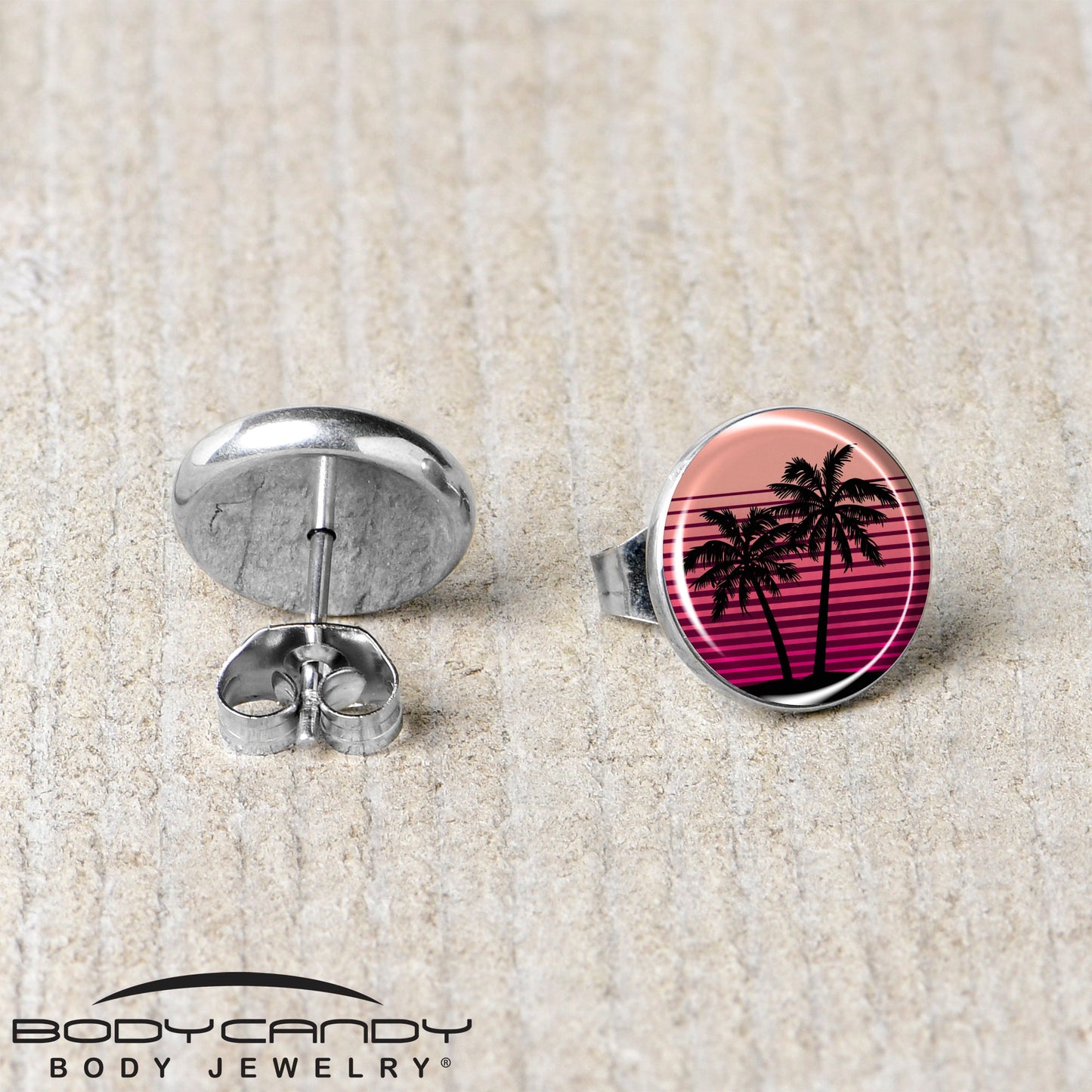 Palm Tree Retro Sunset Stud Earrings by Onyx O