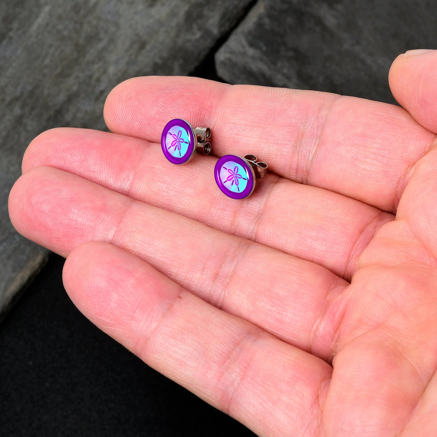 Purple Nautical Sand Dollar Stud Earrings by Onyx O