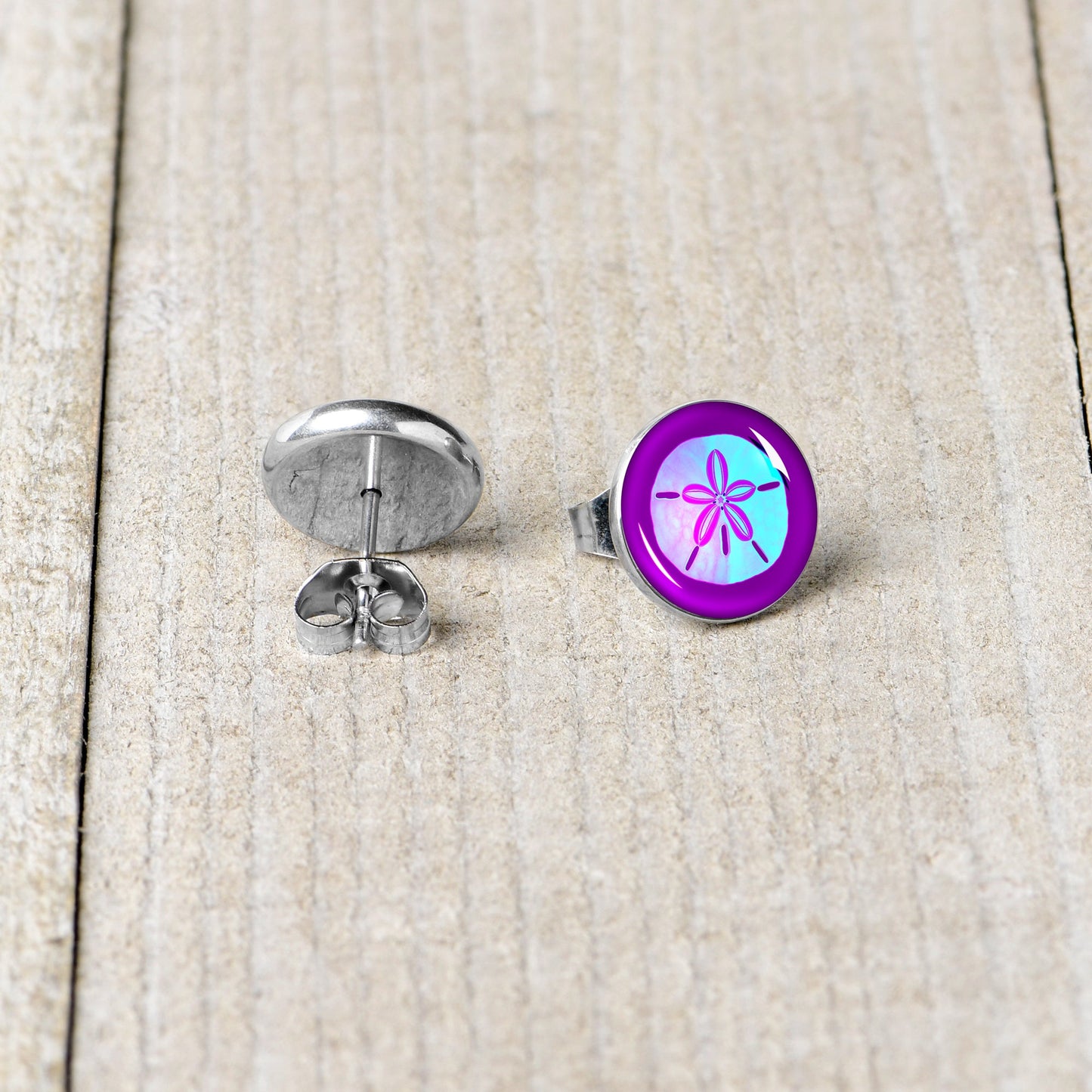 Purple Nautical Sand Dollar Stud Earrings by Onyx O