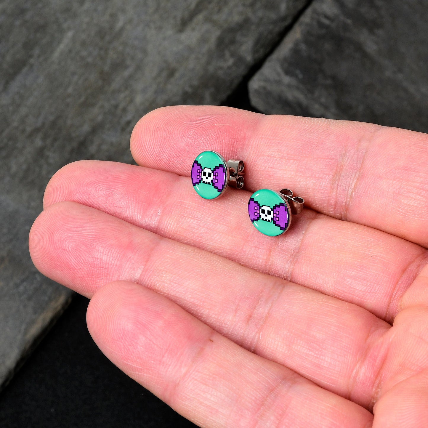 Retro Pixel Skull Stud Earrings by Onyx O
