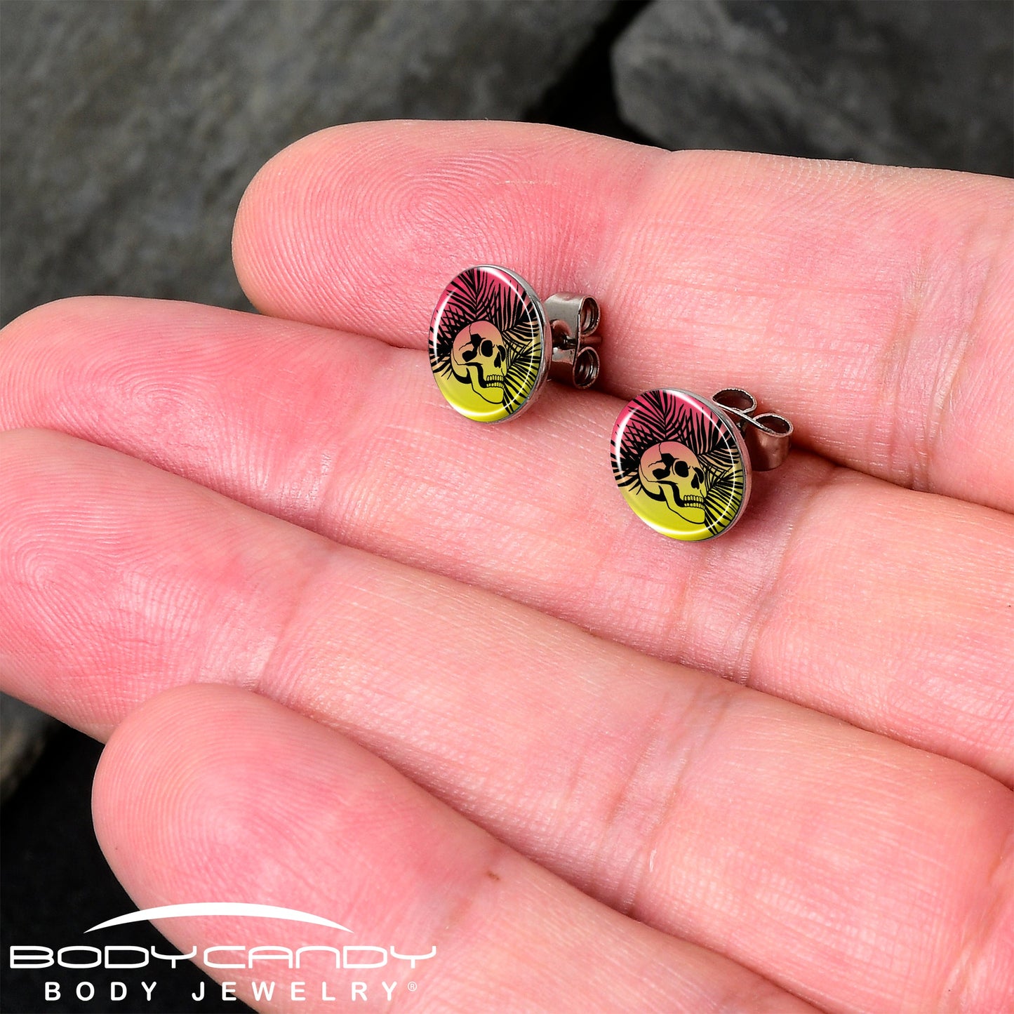 Red Haze Sunset Skull and Palms Stud Earrings by Onyx O