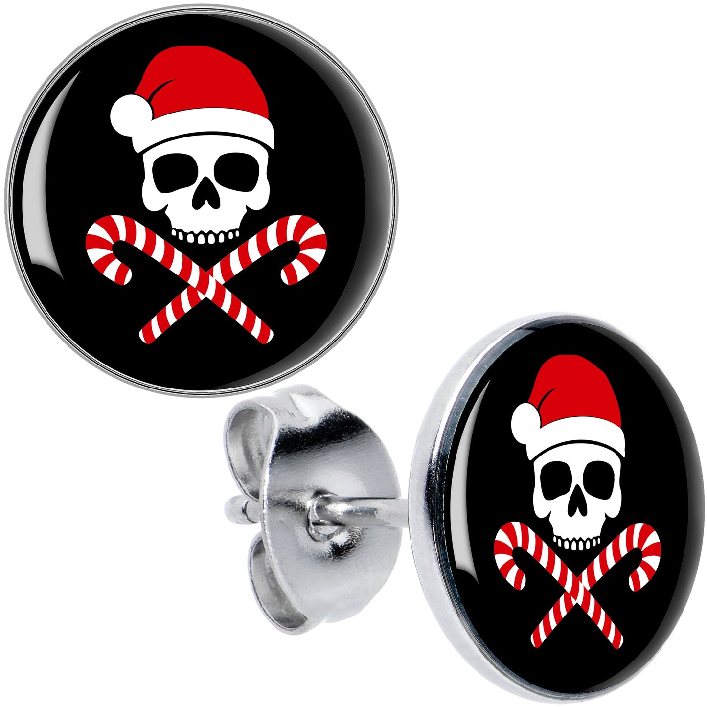Santa Pirate Candy Cane Skull Stud Earrings by Onyx O